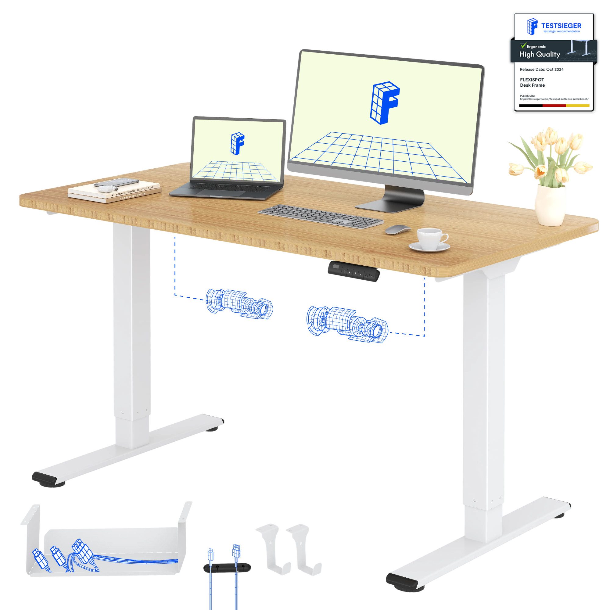 FLEXISPOT Schreibtisch Basic Plus höhenverstellbarer Schreibtisch mit Premium-Zubehör-Set (2 Motore & 2-Fach-Teleskop & 4 Höhenspeichertasten), MIT 19MM Bambus Tischplatte, 140/160/180