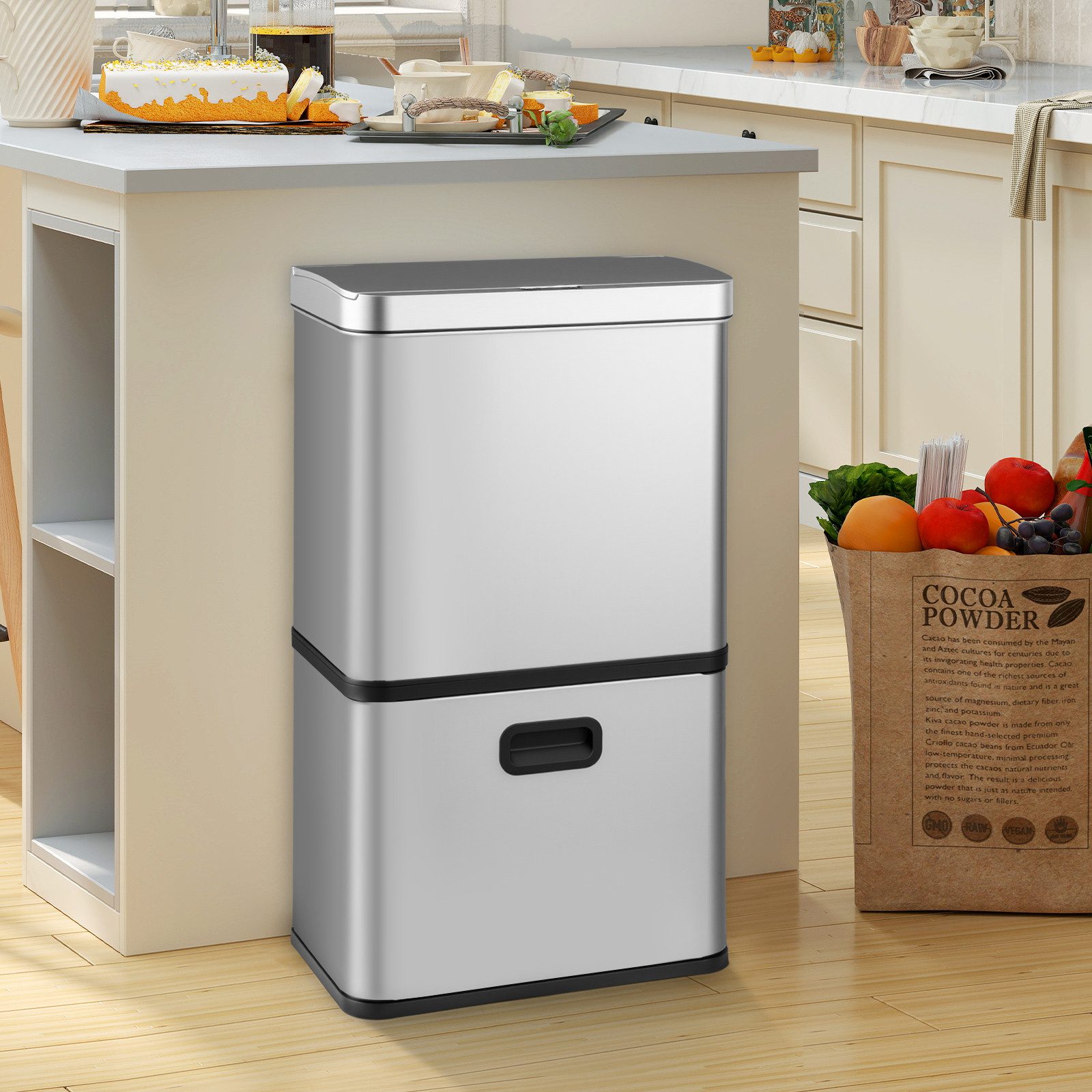 COSTWAY Mülleimer, 3 Fächer 2x10L+36L, mit Sensor & Softclose-Deckel Silber