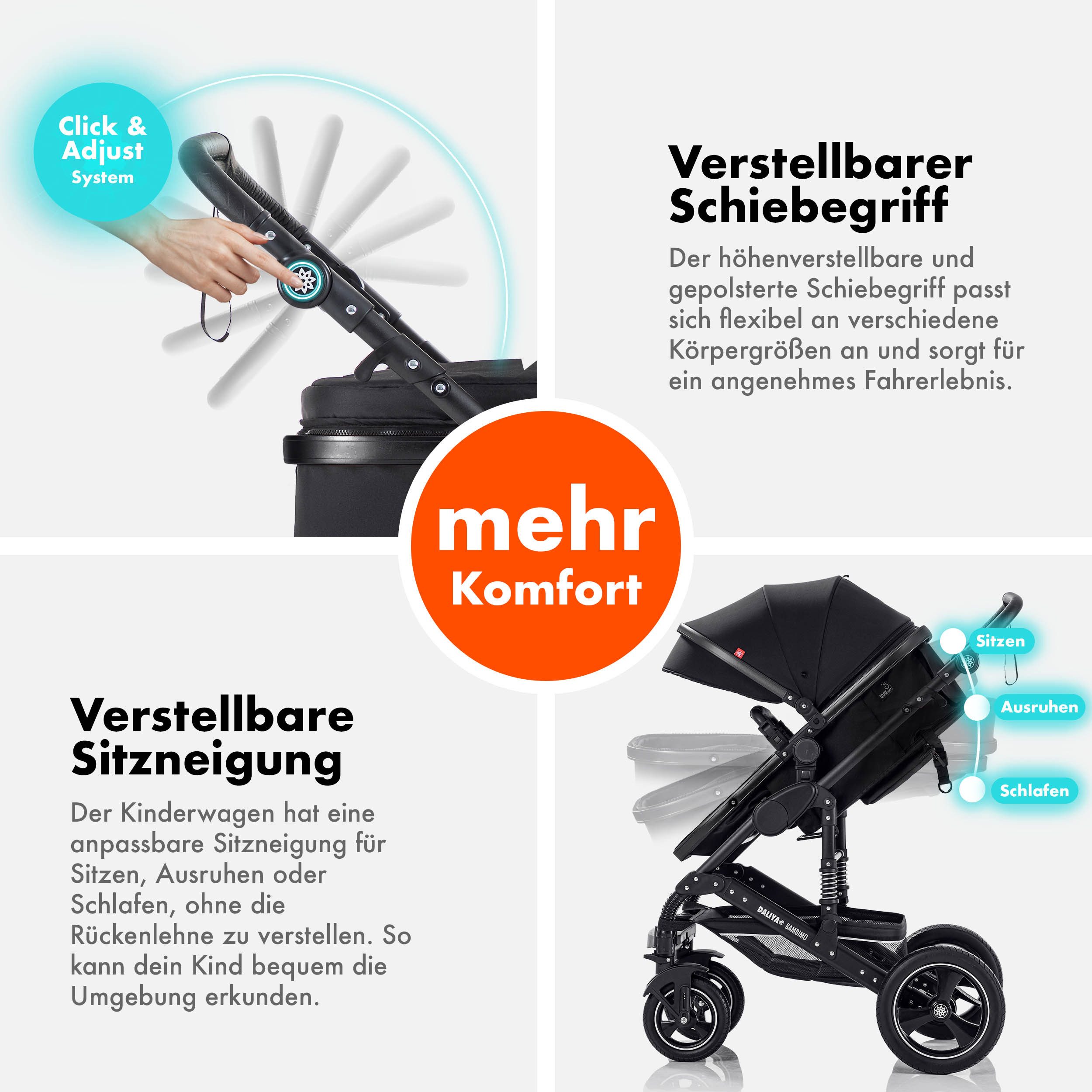 Daliya® Kombi-Kinderwagen BAMBIMO 3in1 Kinderwagen & Buggy mit Auto-Babyschale und Adapter, (XXL-Set inkl. Wickeltasche und Spieltisch, 15-tlg), Babyschale, Air – Bild 5 von 5