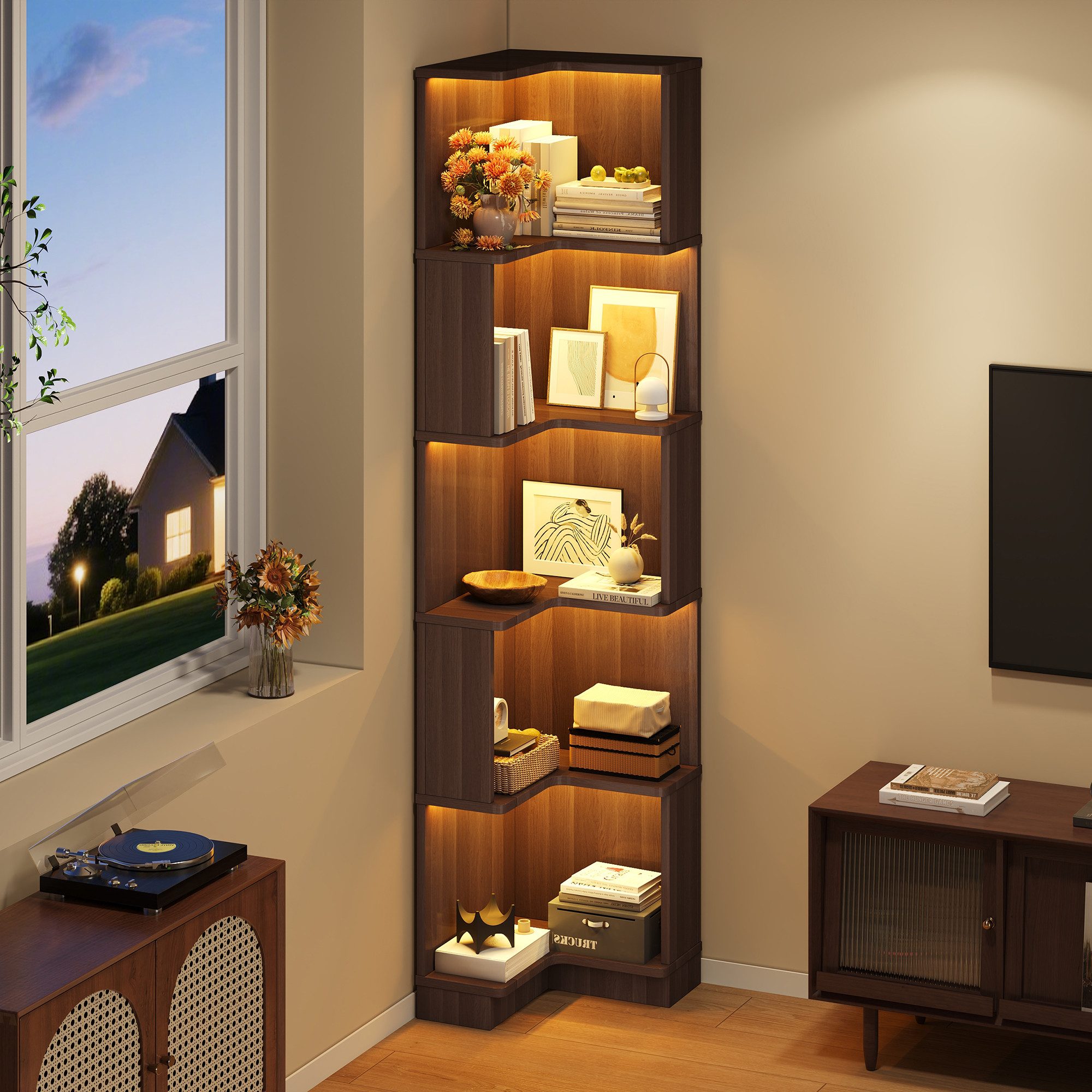 Merax Bücherregal mit LED-Farbwechsel inkl.Fernbedienung, 1-tlg., Eckbücherregal Eckregal L-förmiges Regal mit 5 Ebenen, 63,5x45x175 cm