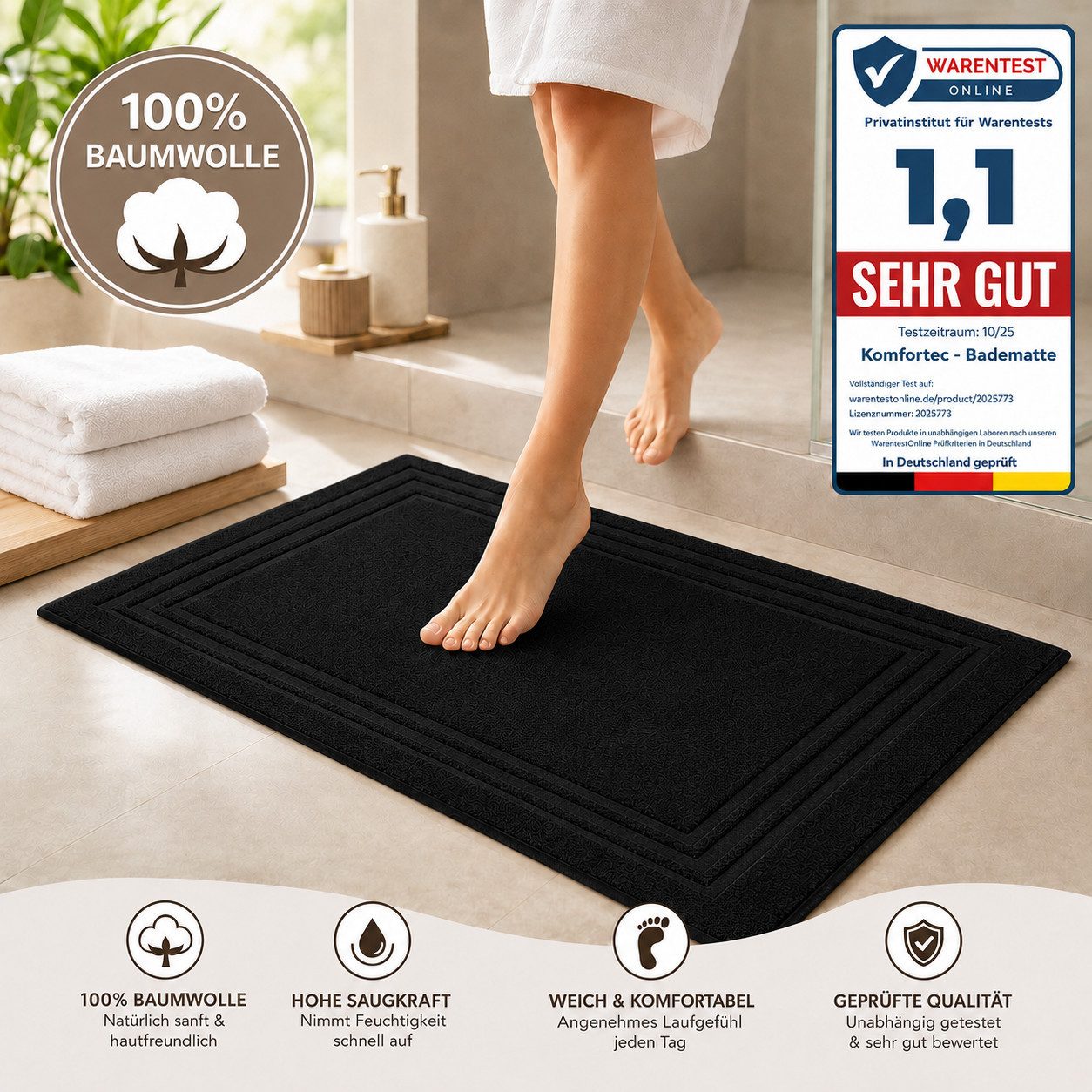 Komfortec Badematte 2er Badetuch Set aus 100% Baumwolle 50x70 cm Extra Weich & Saugstark, Rechteckig, 600 g/m² – Bild 4 von 5