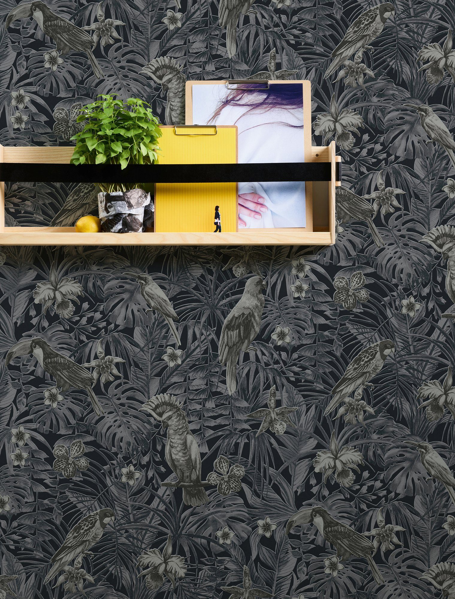 A.S. Création Vliestapete strukturiert, Dschungel schwarz floral, in Palmenprint Tapete mit Optik, Dschungel Vogeltapete Greenery