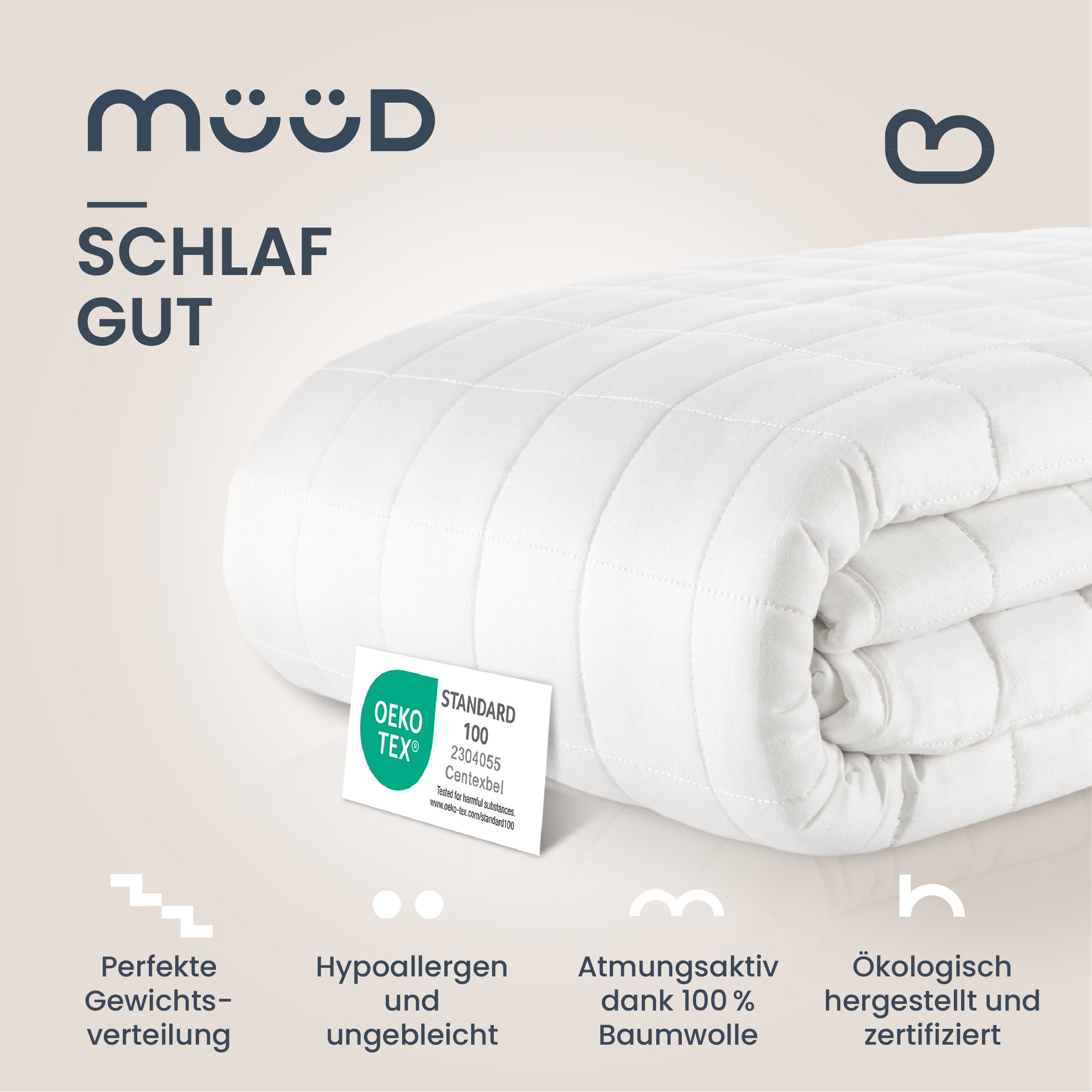 Müüd Gewichtsdecke - Therapiedecke - schwere Decke -, Füllung: feine Glasperlen, recyclete Mikrofaser, Bezug: 9kg, 5x5cm Nähte, 100% Baumwolle, Sommer und Winter geeignet.