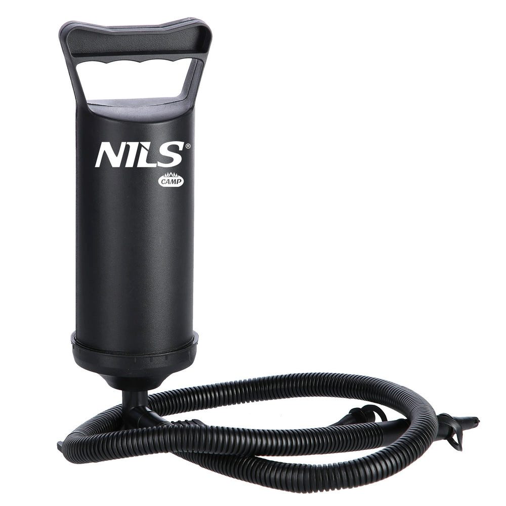 NILS CAMP Luftpumpe Doppelhubpumpe Handluftpumpe (Spar-Set, 1-tlg., H 30 cm leicht), Doppelhub, 3 Ventilaufsätze, leicht