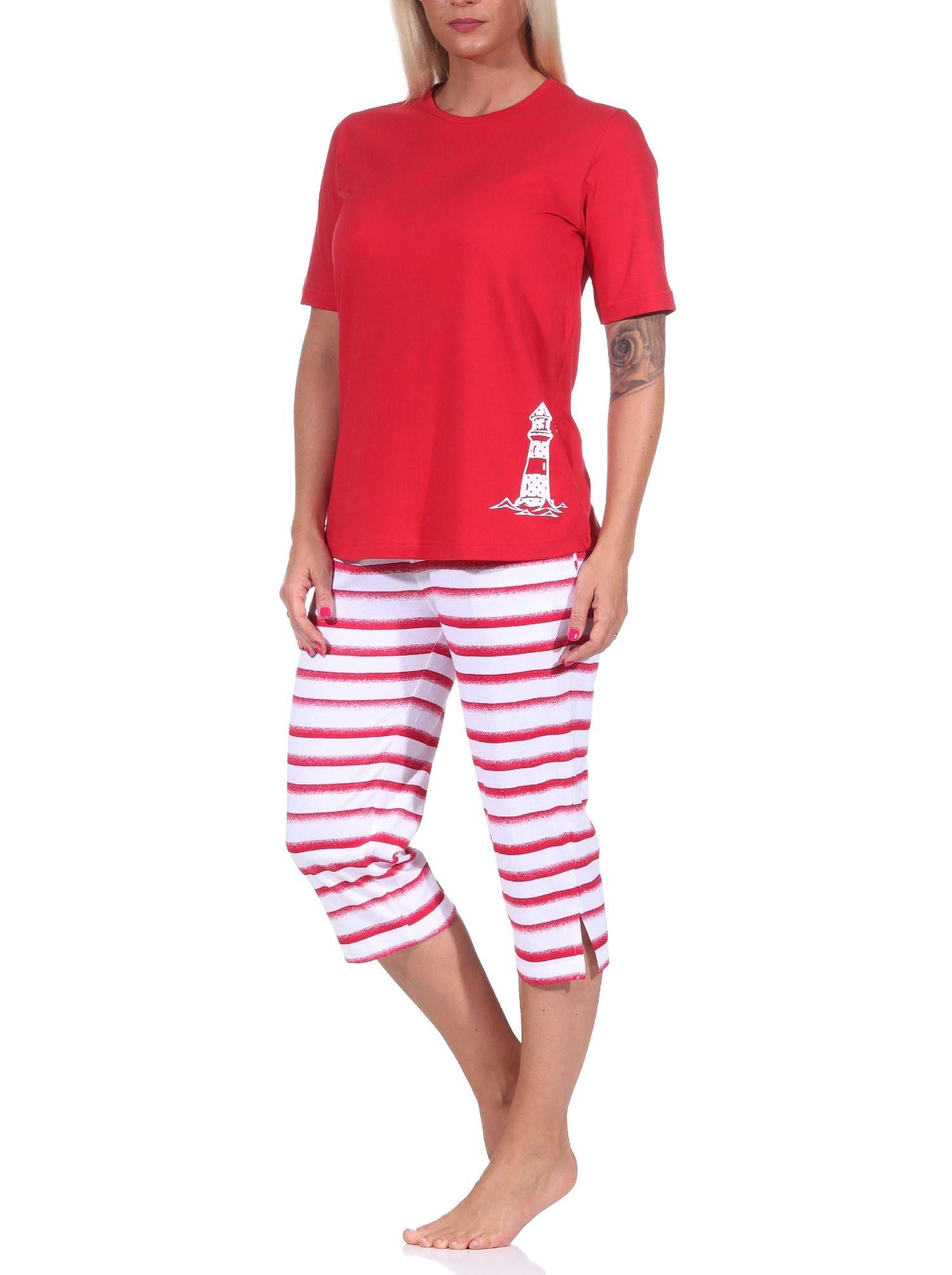 Normann Pyjama Maritimer Damen kurzarm Capri Schlafanzug, Top mit Leuchtturm Motiv