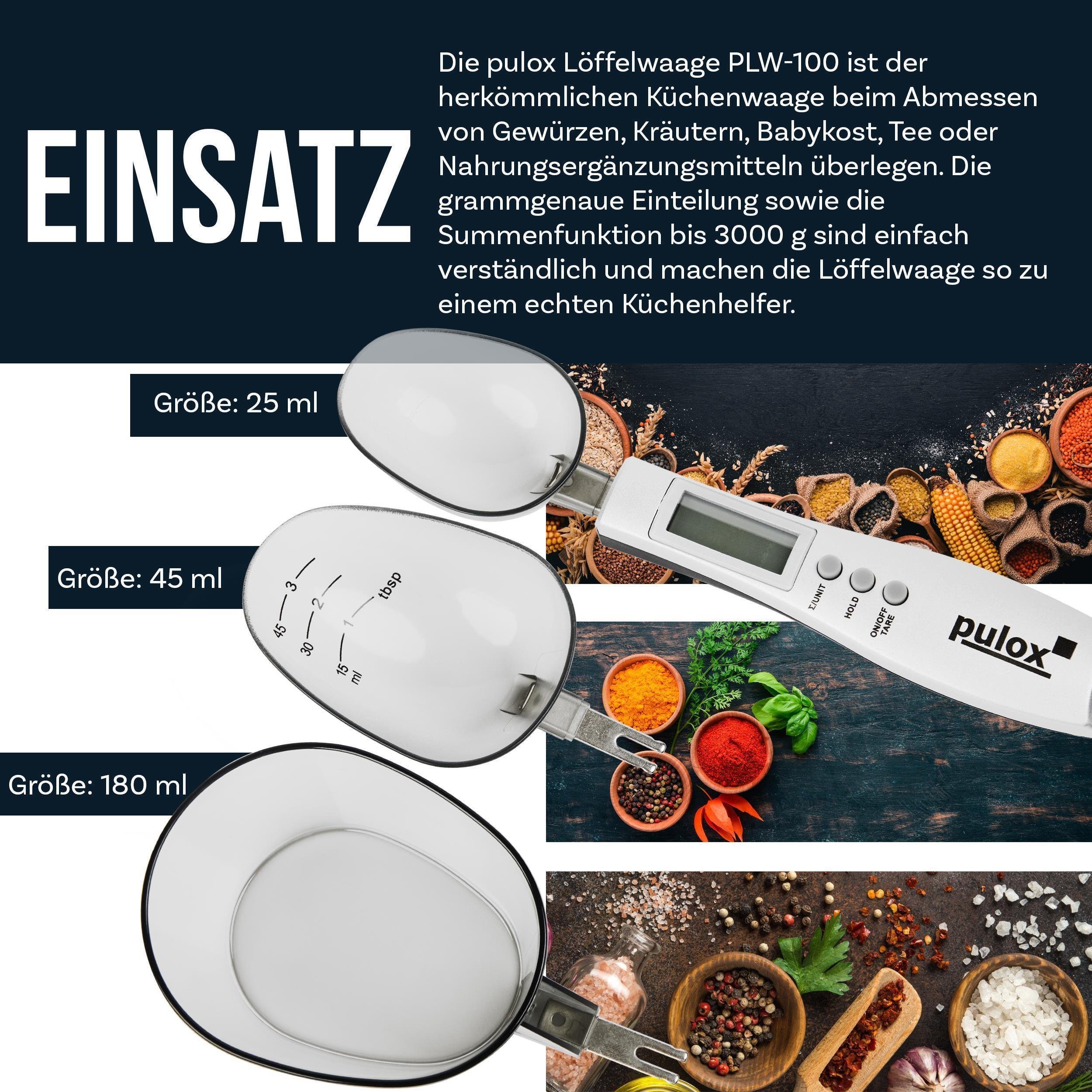 pulox Löffelwaage PLW-100 inklusive drei Löffelköpfen und Batterien