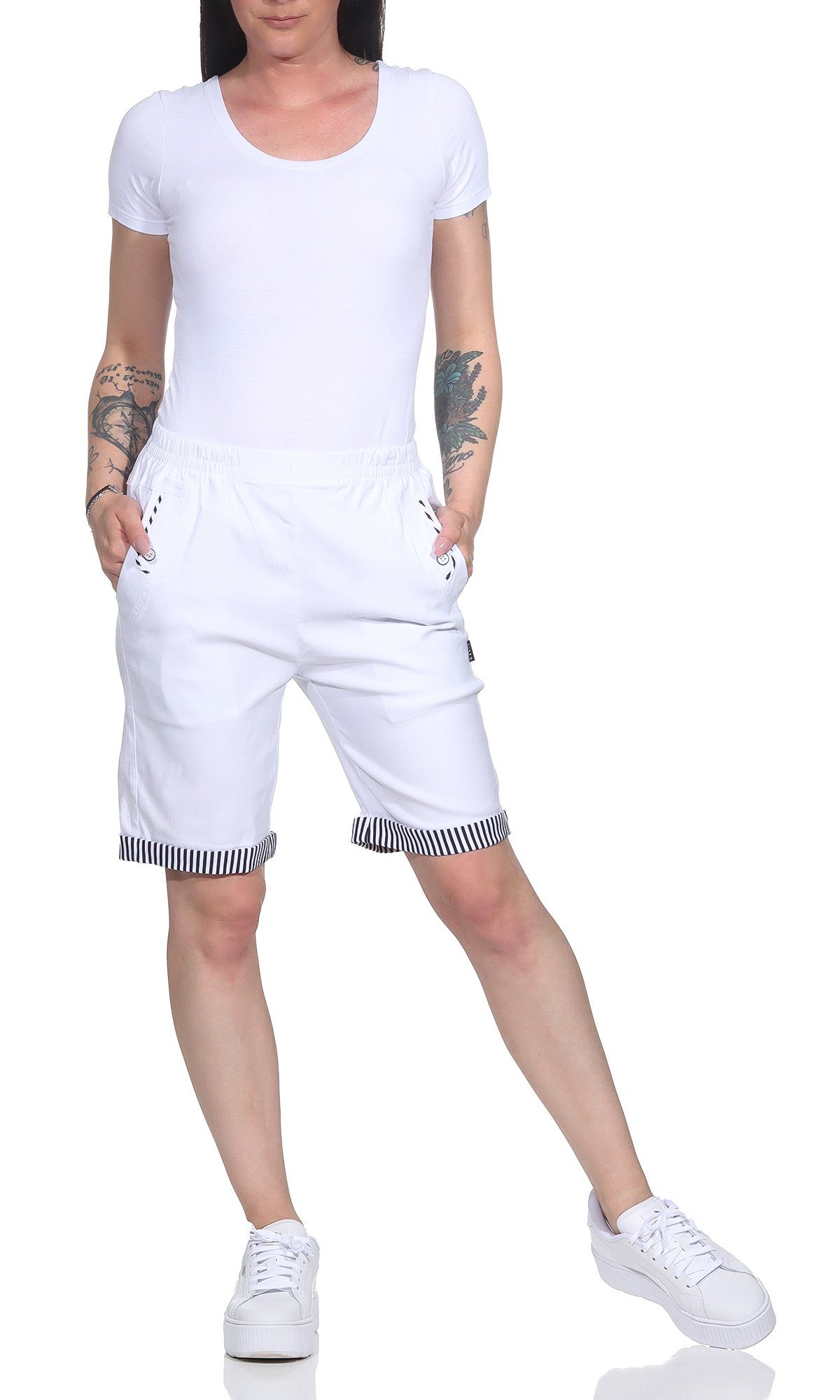 Strandbermuda Bund, Damenmode maritimen Shorts mit großen auch Shorts in mit Aurela Details Damen erhältlich, Größen Weiß Bermuda Sommer Maritime elastischem