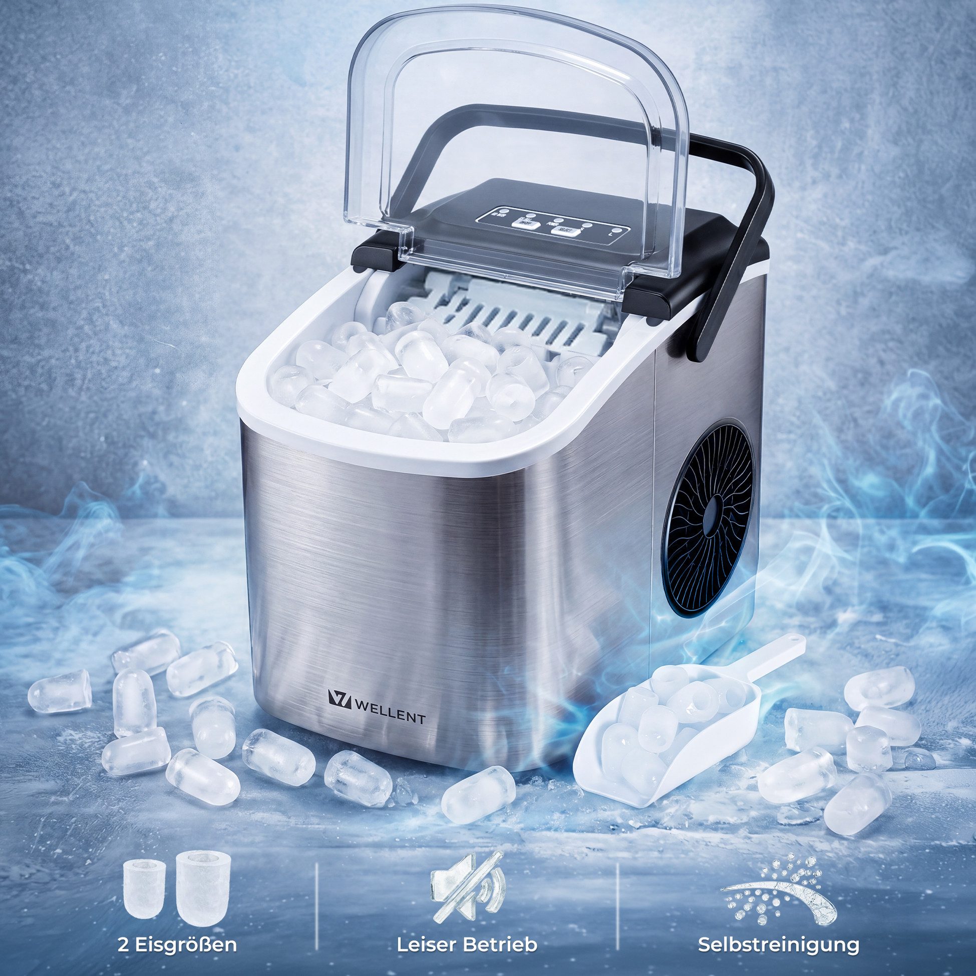 WELLENT Eiswürfelmaschine Tragbarer Eiswürfelbereiter,9 Eiswürfel in 6 Minuten,12 kg/24 H, 2 Eiswürfelgrößen, Selbstreinigung – Ideal für Zuhause, Küche & Büro