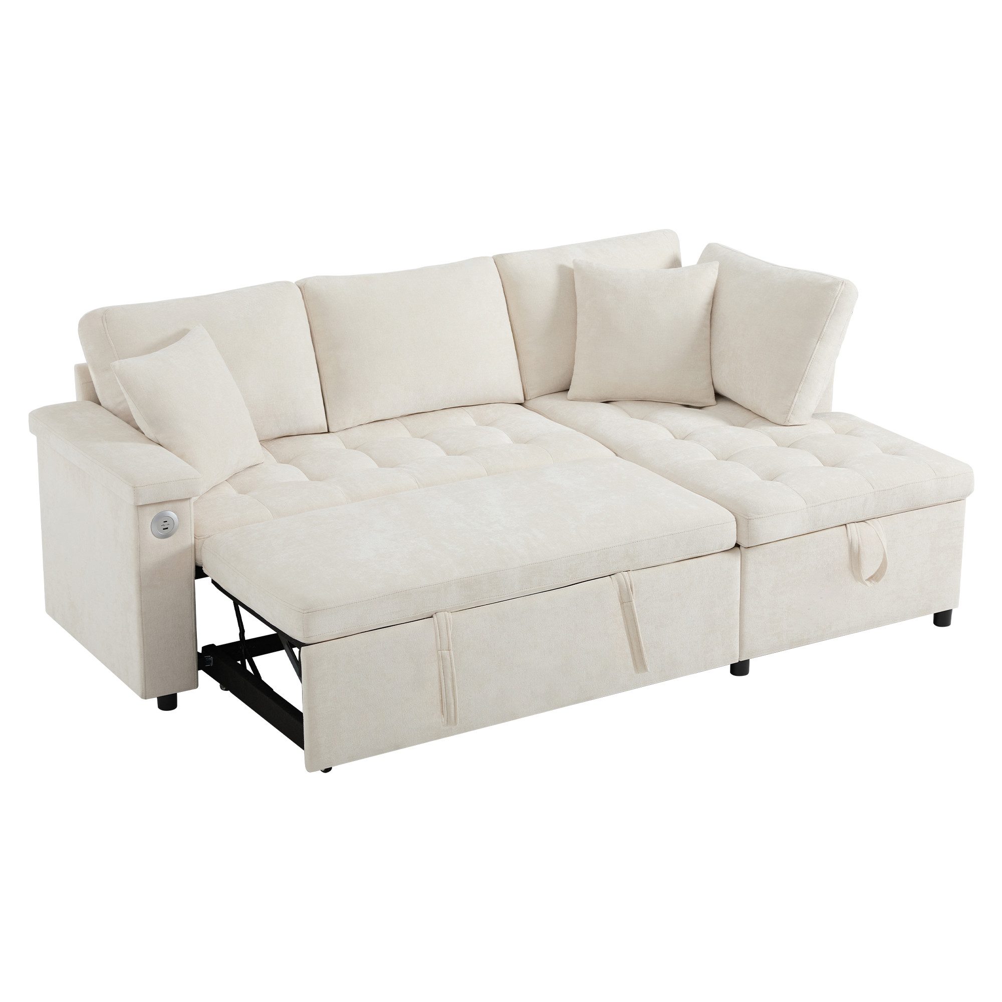 SOFTWEARY 3-Sitzer Sofa mit Bettfunktion und Stauraum, mit Zierkissen, Rückenkissen, USB und Type-C, Liegefläche erweiterbar, Schlafsofa, Ecksofa, L-Form, Chenille