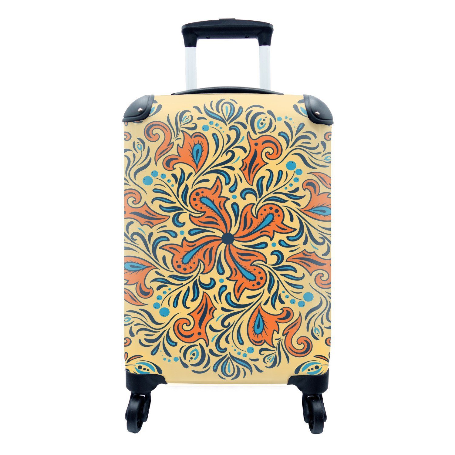 - - MuchoWow Reisetasche - Ferien, rollen, Reisekoffer Blau, 4 für Handgepäckkoffer mit Trolley, Orange Blume Rollen, Blätter Handgepäck