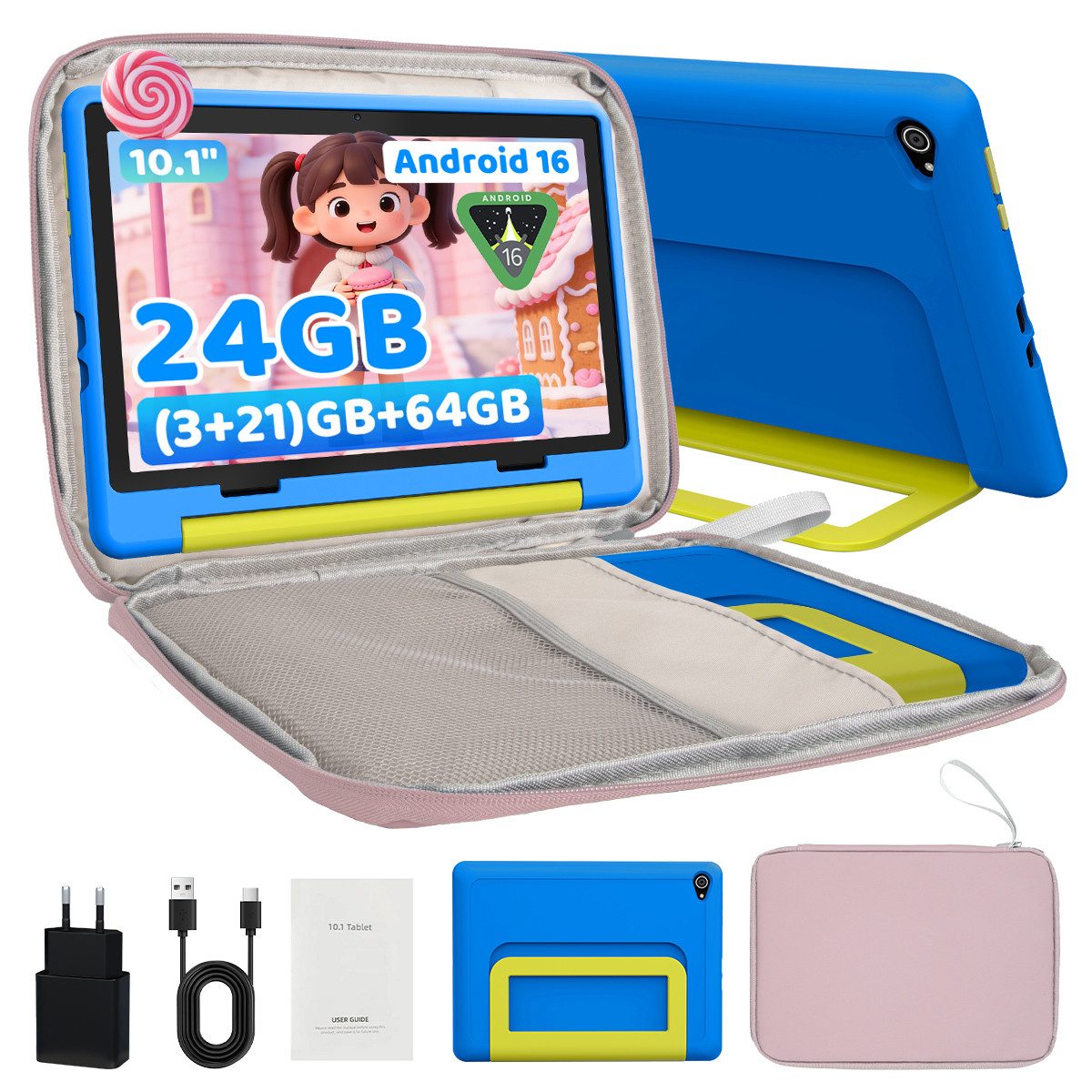 BUFO Kinder Lern-Tablet mit Elternkontrolle 10'' Android 16, 64GB Tablet (10", 64 GB, Android 16, Kids Bumper blau)
