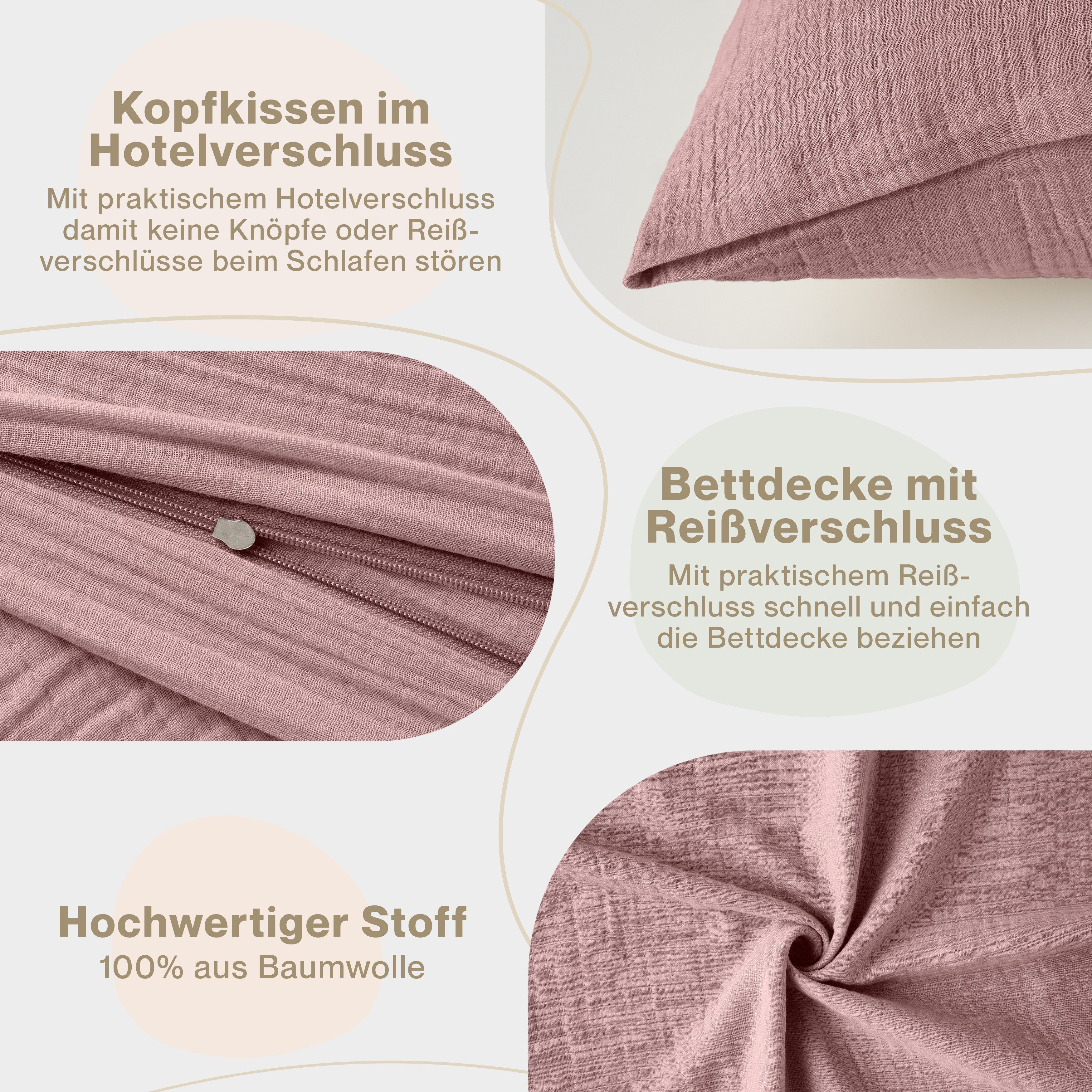 Blumtal Bettwäsche Musselin 100% Baumwolle im Set, Kopfkissenbezug & Deckenbezug, 2 teilig