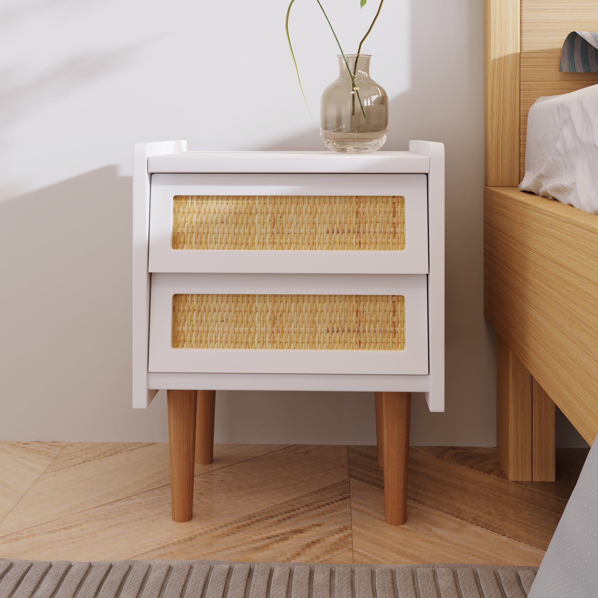 Nachttisch (1-St., Beistelltisch Nchtkommode), Nachtschrank mit 2 Schubladen, aus Rattan & Massivholz, 55x43.5x35 cm