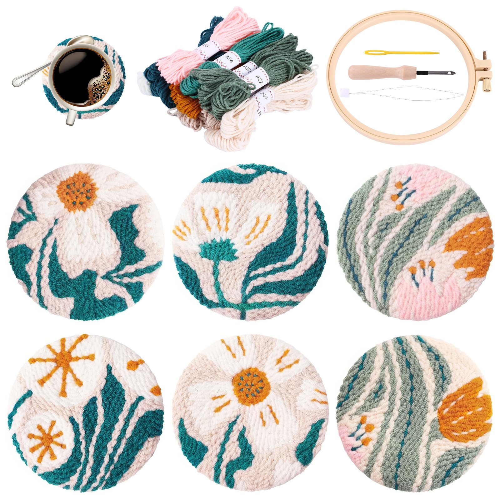 BlingBin Kreativset Stanznadel-Set, 6-teiliges Set, DIY Stanznadel-Untersetzer-Set, (6-teiliges Set, 6-tlg., 10,2 cm im Durchmesser), Filz Garne Stickerei Coaster Starter Set für Anfänger Erwachsene