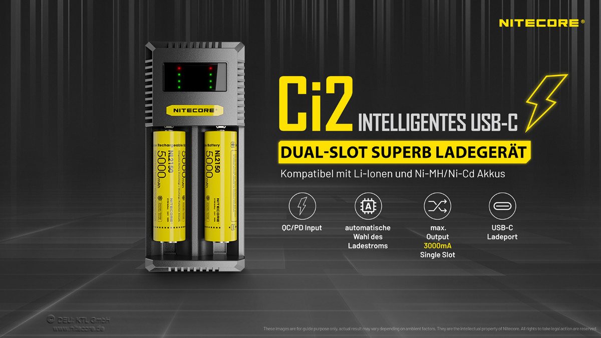 Nitecore CI2 USB-C Ladegerät für 2 Akkus Li-Ionen oder Ni-Mh USB-Ladegerät (1-tlg)