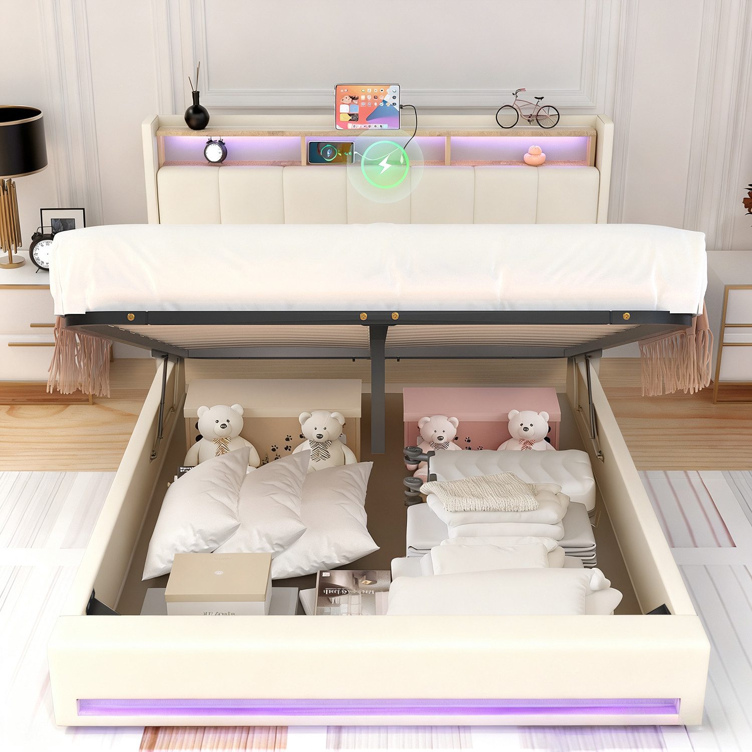 oyajia Polsterbett Doppelbett mit LED Licht 140x200cm,Hydraulisch anhebbarer Stauraumbett (Mit Lattenrost und Ladefunktion, Leinenmaterial Polsterbettt), Modernes Jugendbett, Leises Design Bett, Max. Belastbarkeit 350 kg