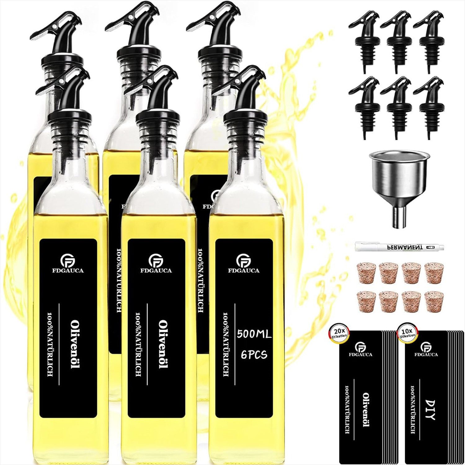 Ölspender 6Stk. Ölflasche mit Ausgießer, Glas Oil Dispenser 500ml