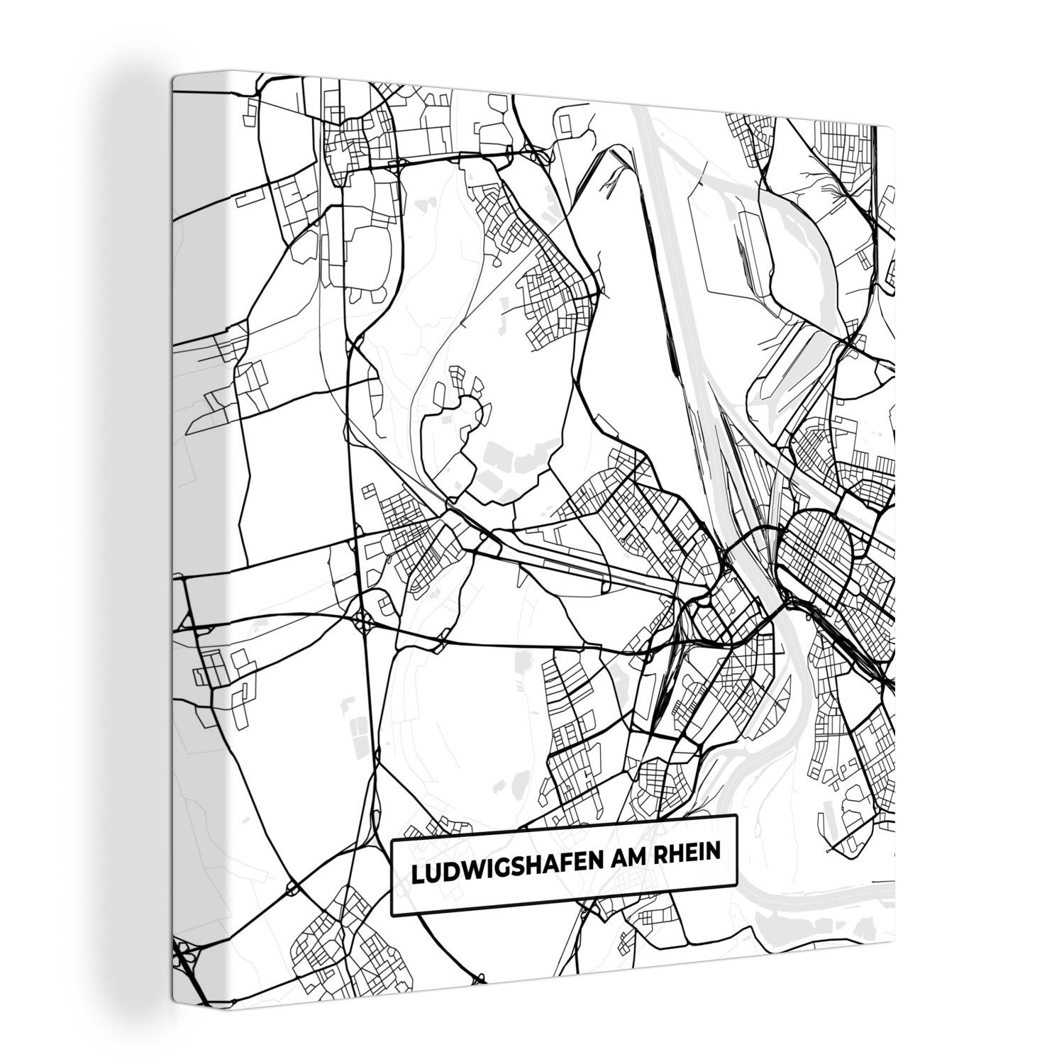 Leinwand OneMillionCanvasses® (1 St), - Rhein am Leinwandbild Bilder Ludwigshafen für Wohnzimmer Stadtplan, Schlafzimmer Karte -