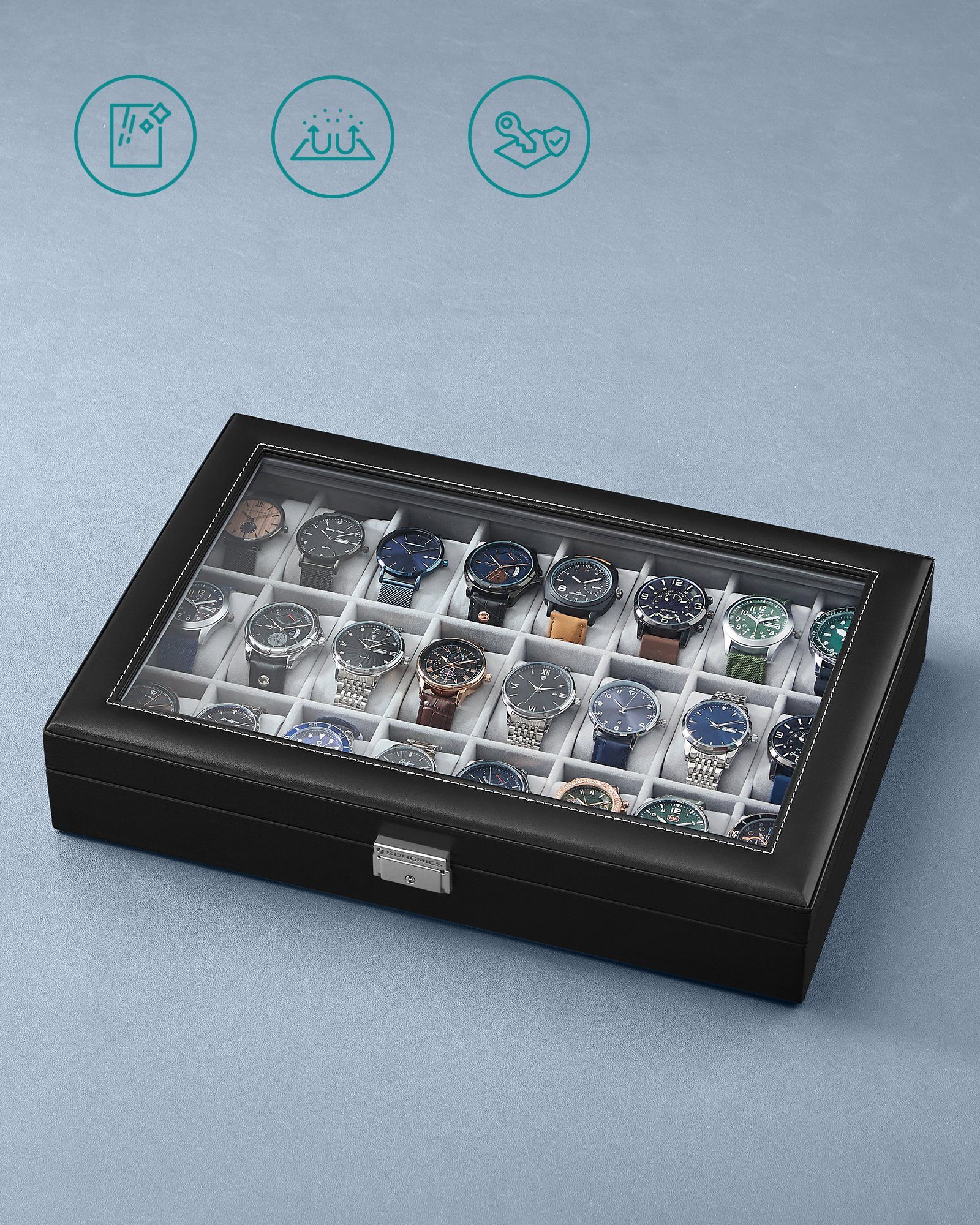 SONGMICS Uhrenbox abschließbarer Uhrenkasten, Uhrenkoffer, Organizer, 29,5 x 43 x 8 cm, mit 24 Fächern, Glasdeckel, PU-Bezug in Schwarz, Samtfutter in Grau – Bild 5 von 5