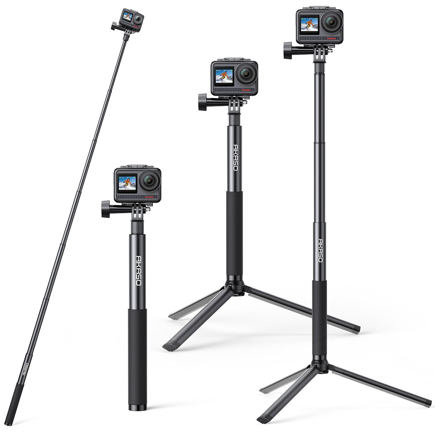 Akaso Action Cam-Halterung 2-in-1 Selfie-Stick 120 cm & Stativ 19 cm für Action Cams, (4-tlg.höhenverstellbar 27.5-120cm, Kompatibel mit AKASO, GoPro & DJI)