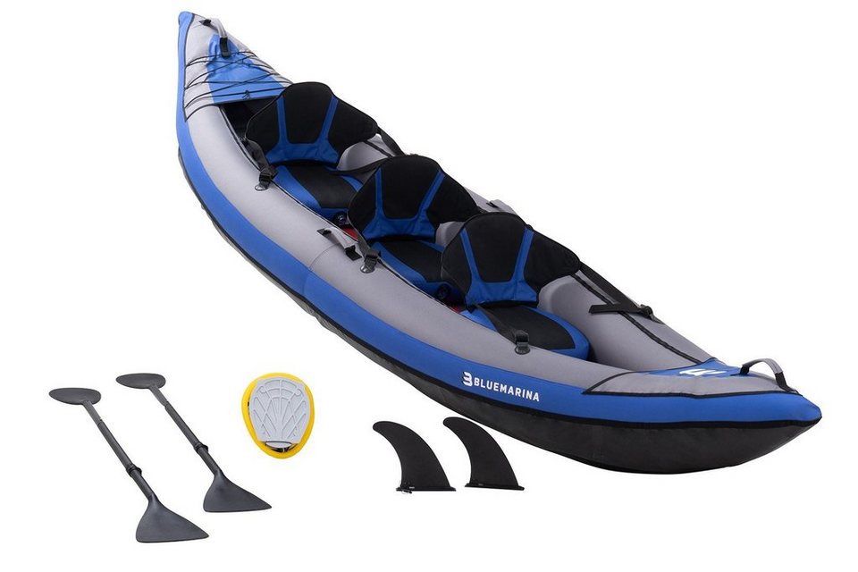 Bluemarina Kanu Aufblasbares Kajak Samoa 3 Sitzer, (bis 230 kg -  Dreiteiliges Paddel - 4 Tragegriffe - Fußpumpe - Transportrucksack, 7-St),  Kajak - Kayak - Kanu - Schlauchboot - Angelboot