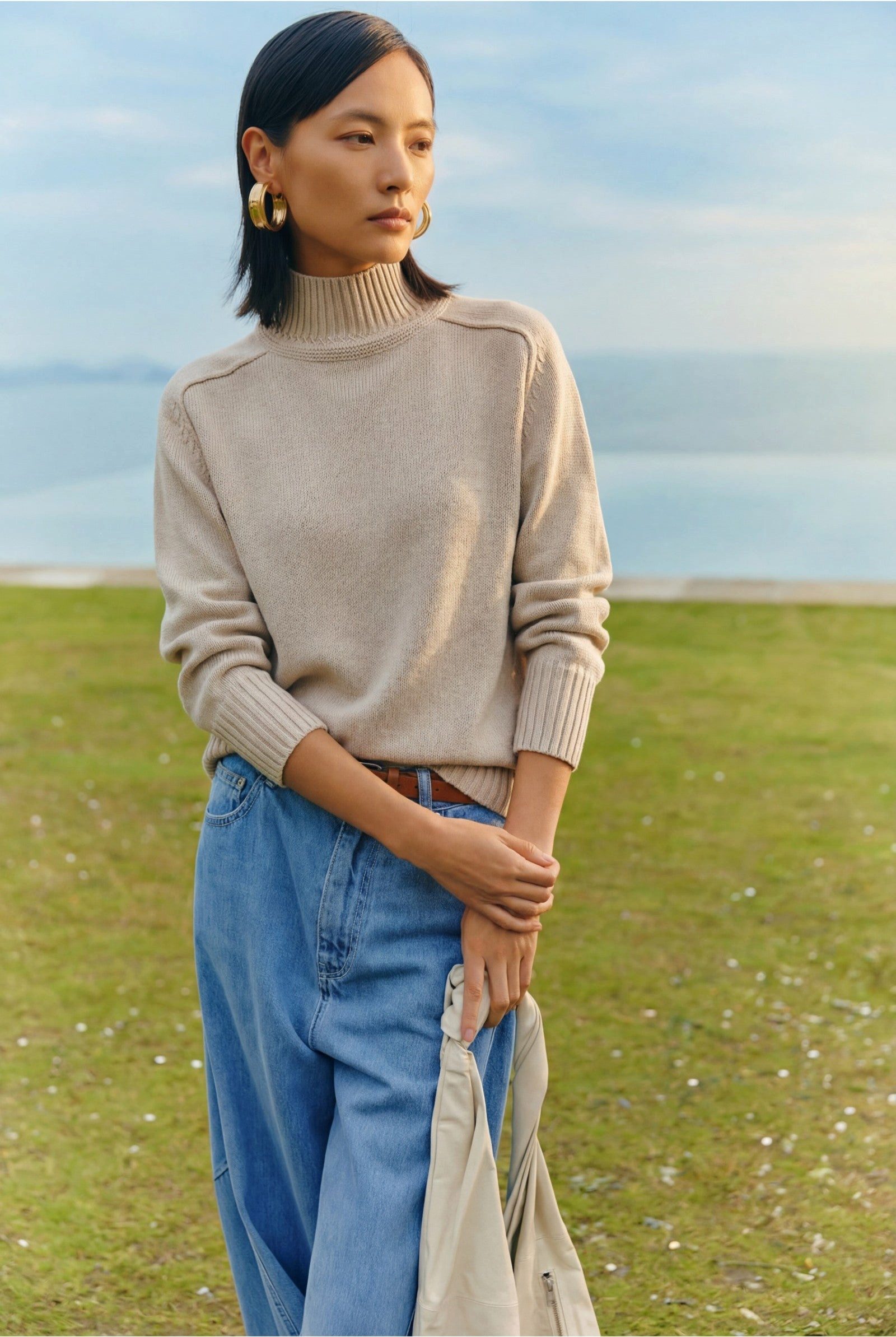 Zaubermond Strickpullover Damen Taillierter Pullover mit hohem Stehkragen und Raglan Beige