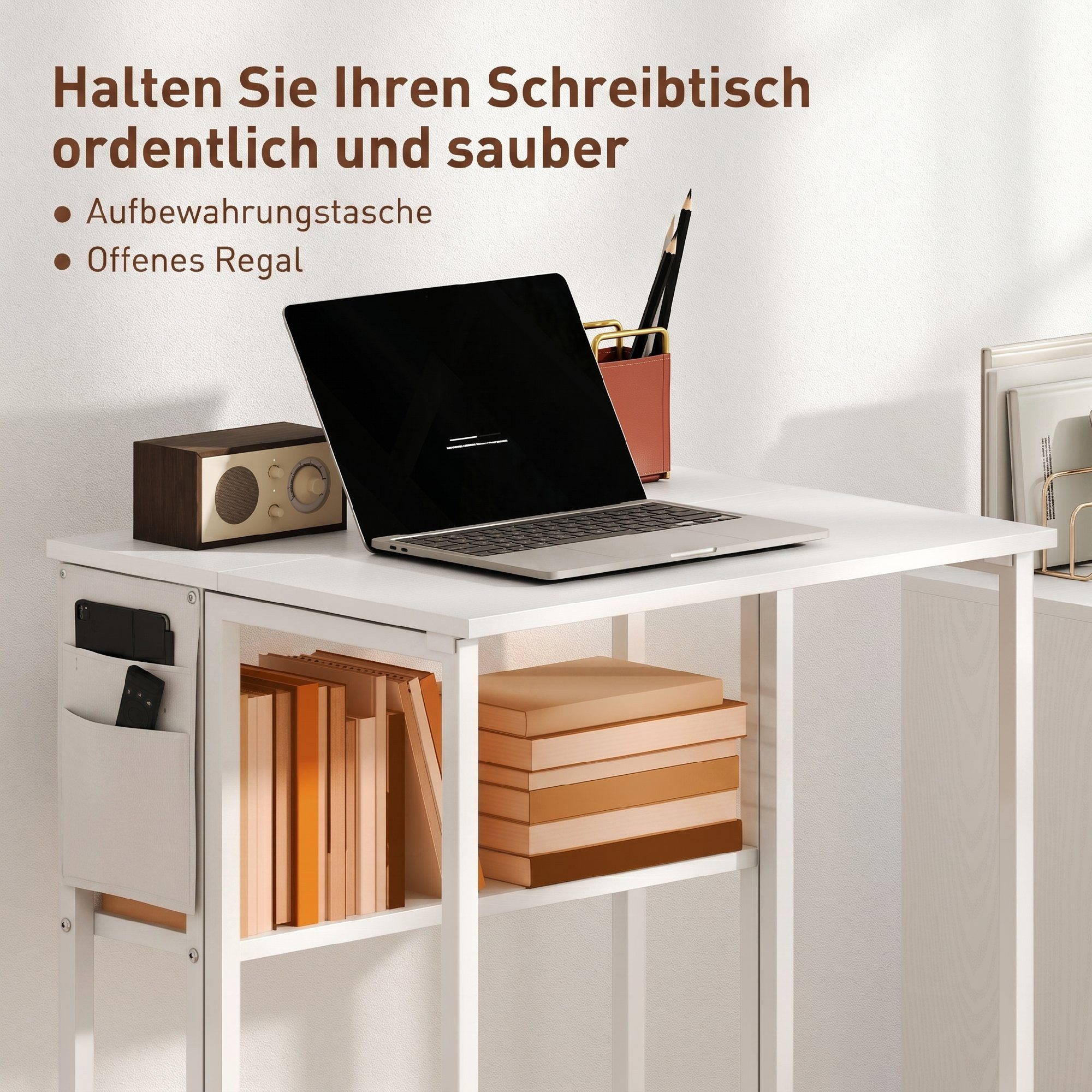 HOMCOM Schreibtisch klappbarer (Klappschreibtisch, 1-St., Platzsparend Computertisch), mit Regal, Aufbewahrungstasche, für Home Office, Weiß – Bild 5 von 5