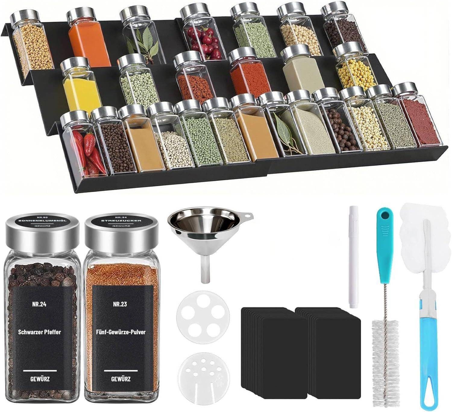 ElitVita Gewürzstreuer 24er Gewürzgläser Set–mit Gewürzregal, Etiketten, Pinsel & Trichter, (24-tlg), Zwei Deckeltypen – ideal für Küchenorganisation & Gewürzaufbewahrung