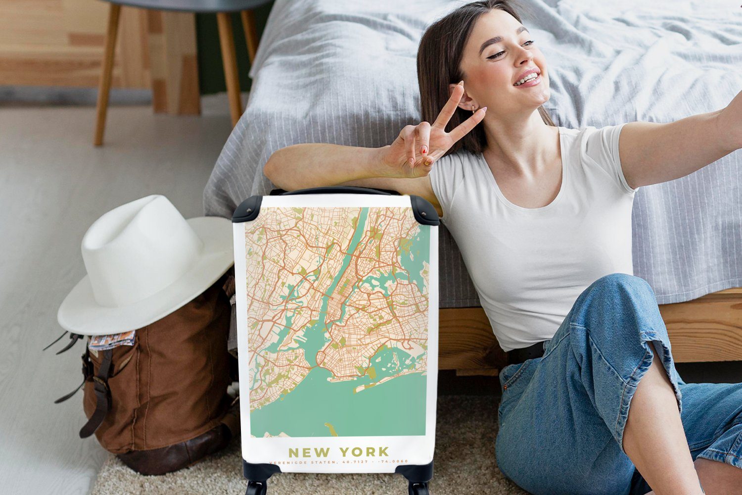 MuchoWow Handgepäckkoffer New York für mit Reisekoffer Stadtplan 4 Karte, Handgepäck - - Rollen, Ferien, Vintage Reisetasche - Trolley, rollen