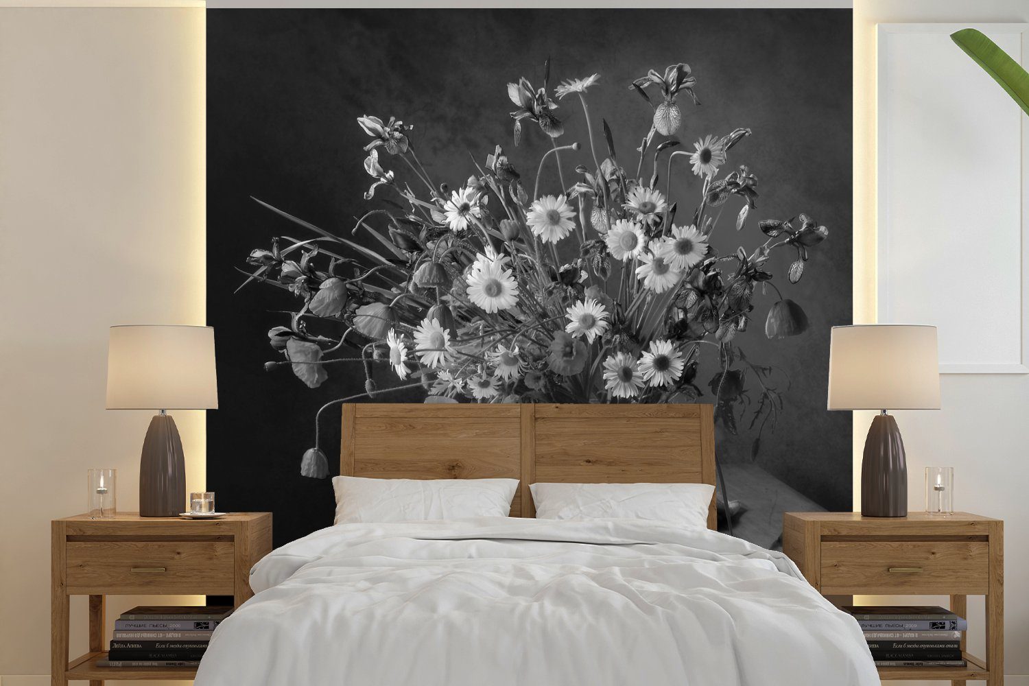 MuchoWow Fototapete Küche, Ölgemälde für bedruckt, Weiß, - Vliestapete Matt, Fototapete Schwarz Blumen Wohnzimmer Stilleben Schlafzimmer Blumenstrauß St), - - - (4 