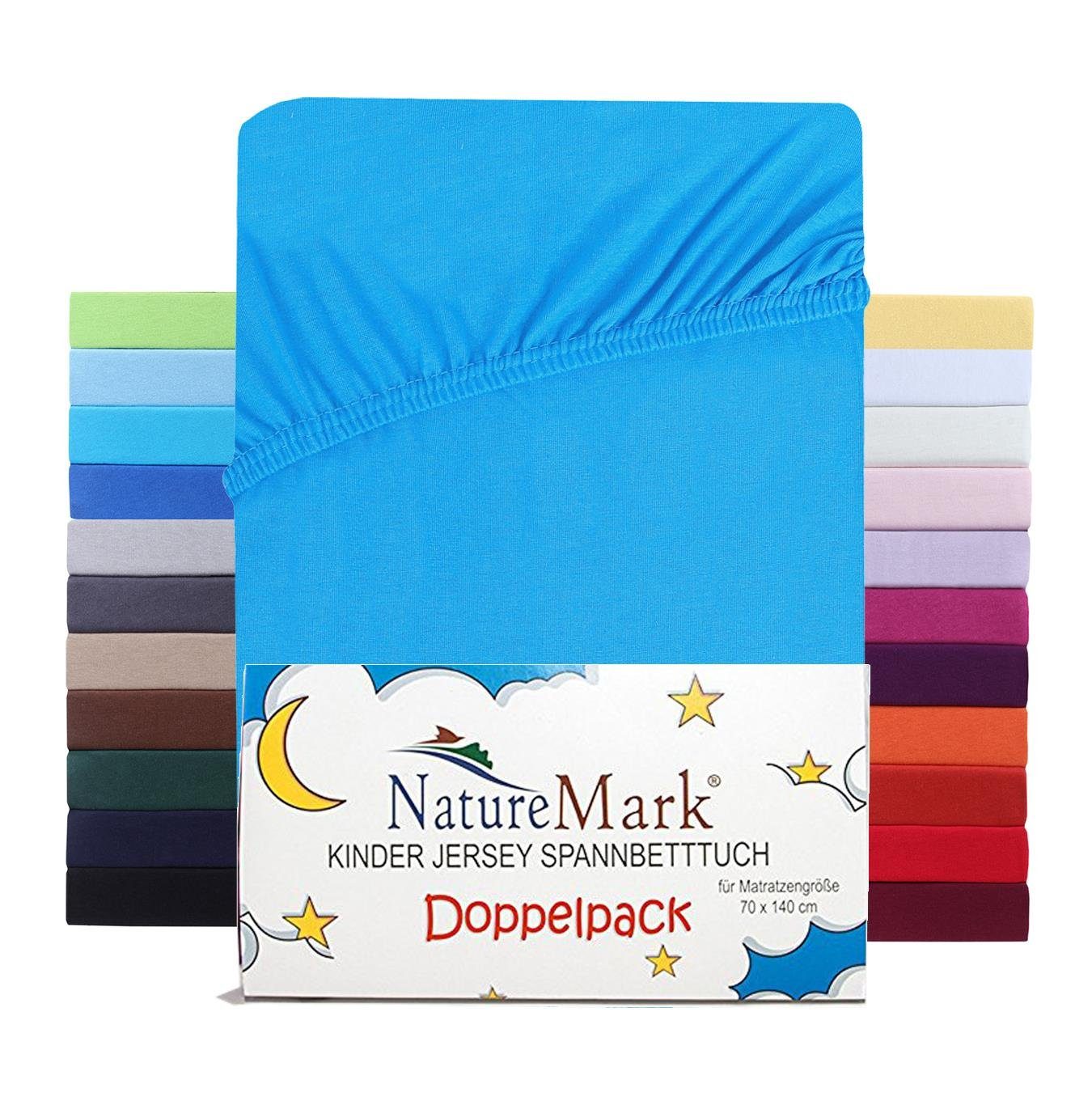 Spannbettlaken Jersey Spannbettlaken, NatureMark, 100% Baumwolle, Gummizug: rundum, (2 Stück), Kinder Spannbetttuch, für Baby-/Kinderbett, 70x140 cm, Türkis