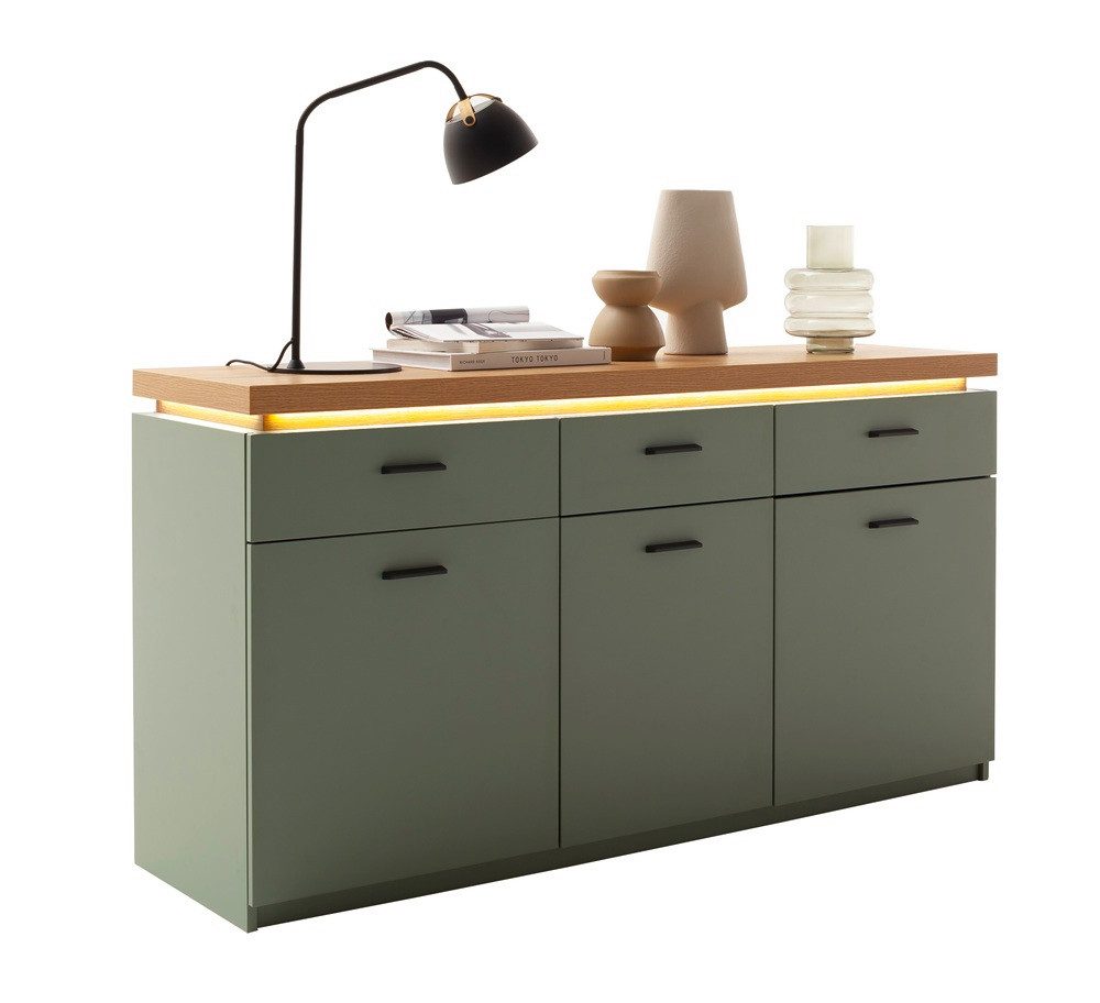 MCA furniture Sideboard Sideboard Moniz, Salbei grün / Eiche Evoke, inkl. LED Beleuchtung