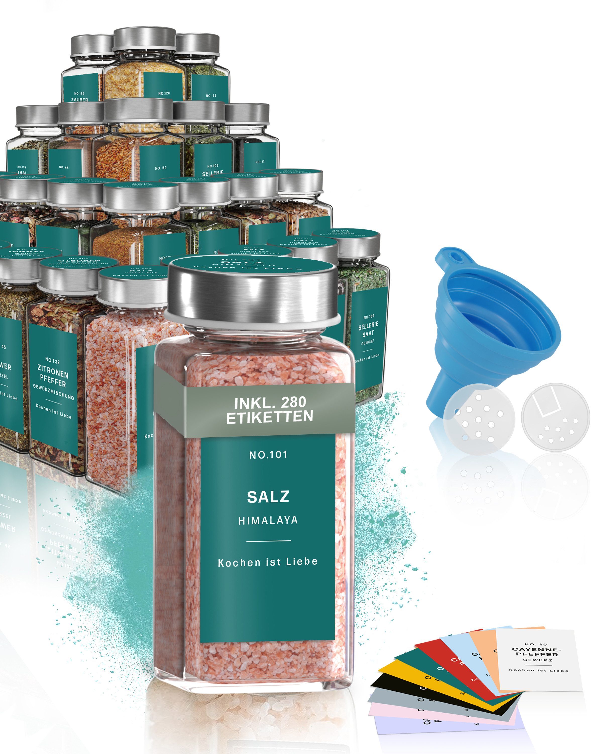 MS.EMMA, Vorratsglas Gewürzstreuer, (24, Gewürzgläser mit Streueinsätzen und Trichter), Etiketten in 10 Farben erhältlich