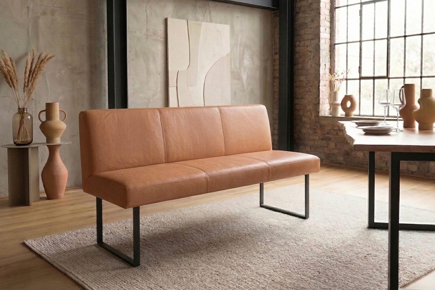 KAWOLA Sitzbank ELEEN Esszimmerbank Leder pigmentiert – modernes Design, 123 cm Breite, hoher Sitzkomfort, Metallgestell schwarz