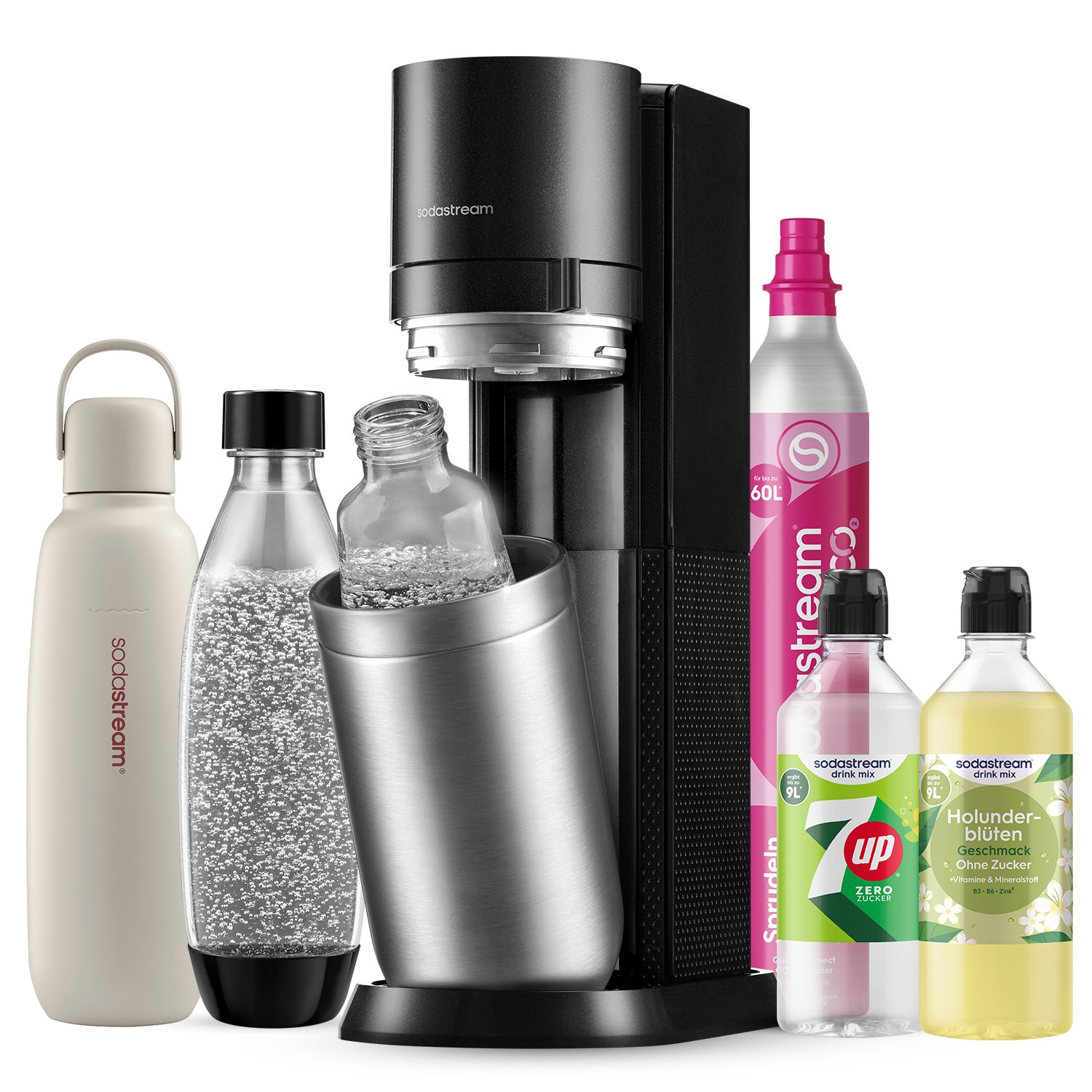SodaStream Wassersprudler SodaStream DUO, titan, mit 3 Flaschen, 1 CO2-Zylinder und 2 Sirups, (Set, 7-tlg., Sirups: 1x 7up 440 ml, 1x Holunderblüte 440 ml), 1x Glasfl. 1L, 1x Kunststofffl. 1L, 1x Fizz&go COOL storm 0,9L