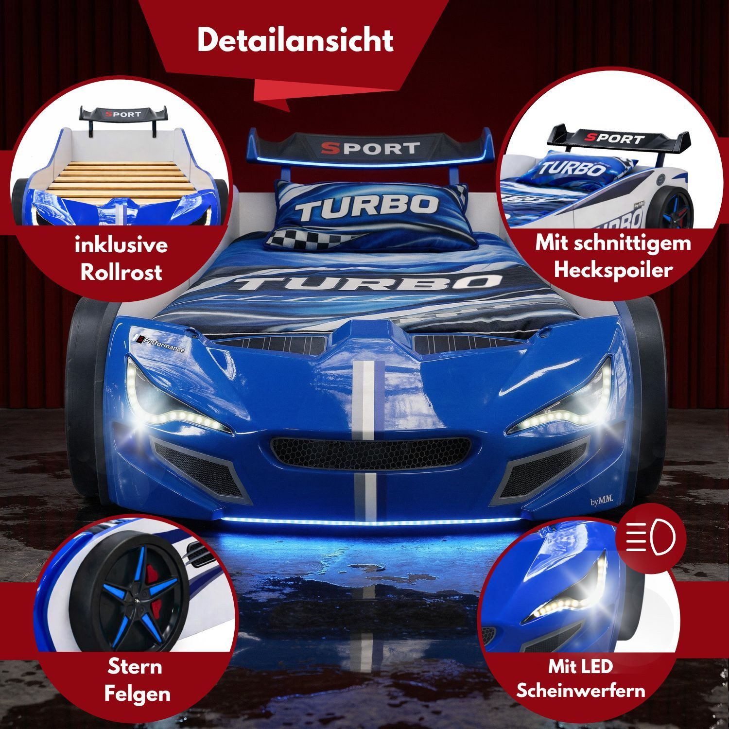 Coemo Autobett GTE (1-tlg., Komplett-Set Bett und Lattenrost), Blau Autobett Rennwagen GTE mit Lattenrost Beleuchtung Motorgeräusche