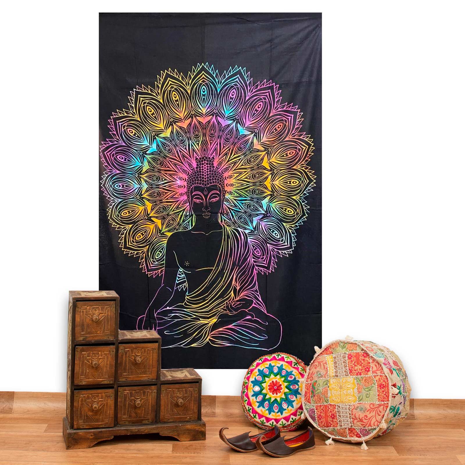 KUNST UND MAGIE Wandteppich Tuch Buddha Tagesdecke Wandbehang Deko UV Schwarzlicht ca. 200 x 135cm
