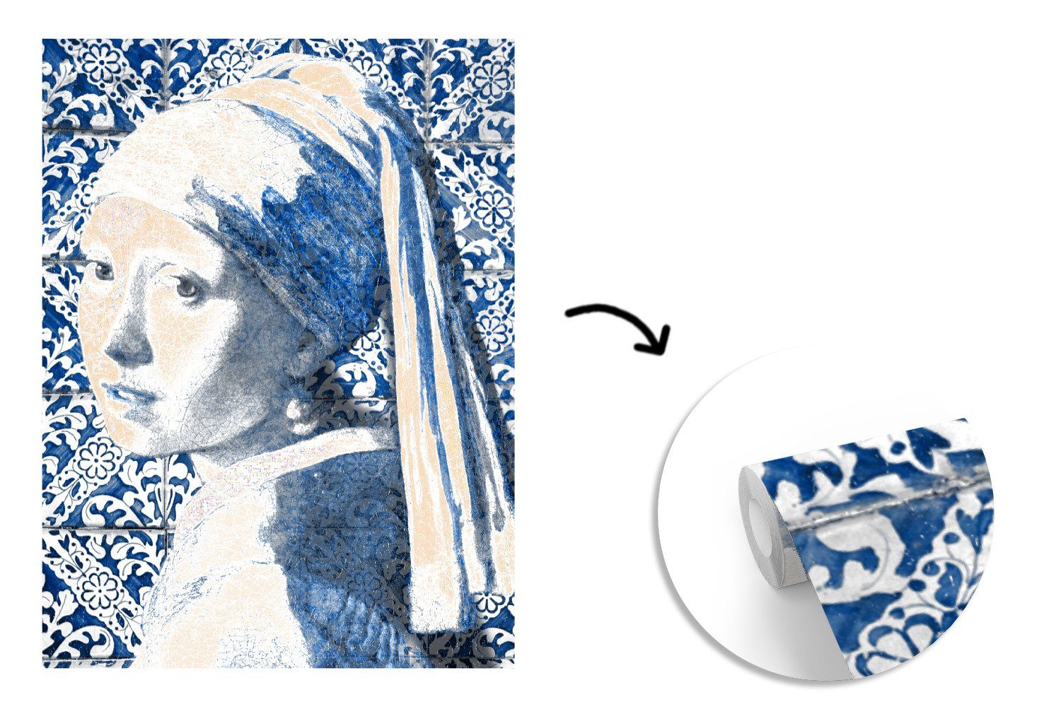 Perlenohrring Blau Mädchen MuchoWow Vinyl einem bedruckt, Delfter - St), Alte Wohnzimmer, - mit Wandtapete Montagefertig Fototapete Meister, Tapete Matt, für (4