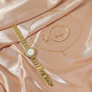 KUGI Quarzuhr 5pcs Damenuhr Set Damen Halskette aus Metall Ohrringe, (Quarzuhren, Halsketten, Armbänder, zwei Ohrstecker und ein Ring sind modische Accessoires, die mit verschiedenen Kleidungsstilen und Taschen kombiniert werden können, 5-tlg)