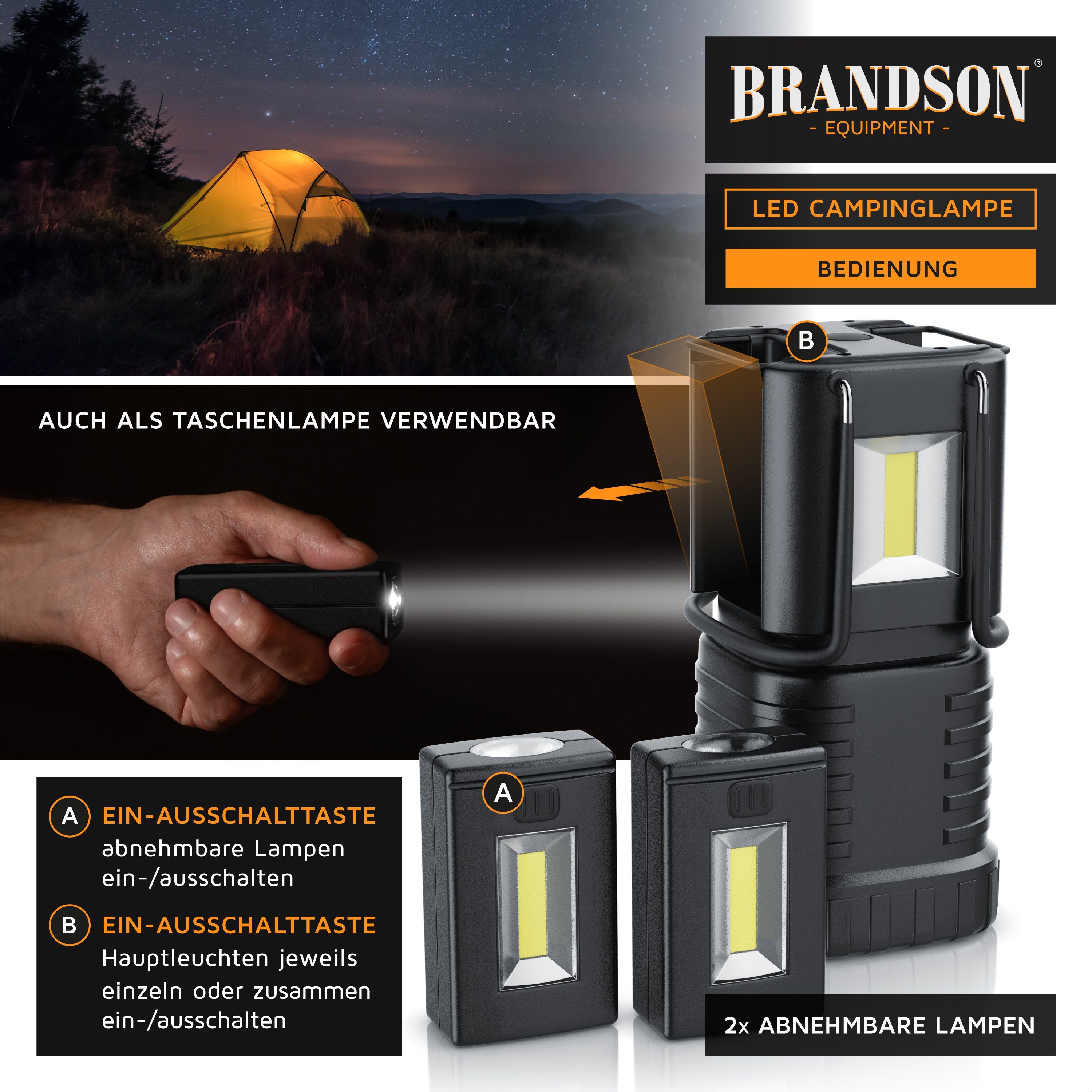 Brandson LED Taschenlampe, Campinglampe mit 2 abnehmbaren Taschenlampen, Laterne