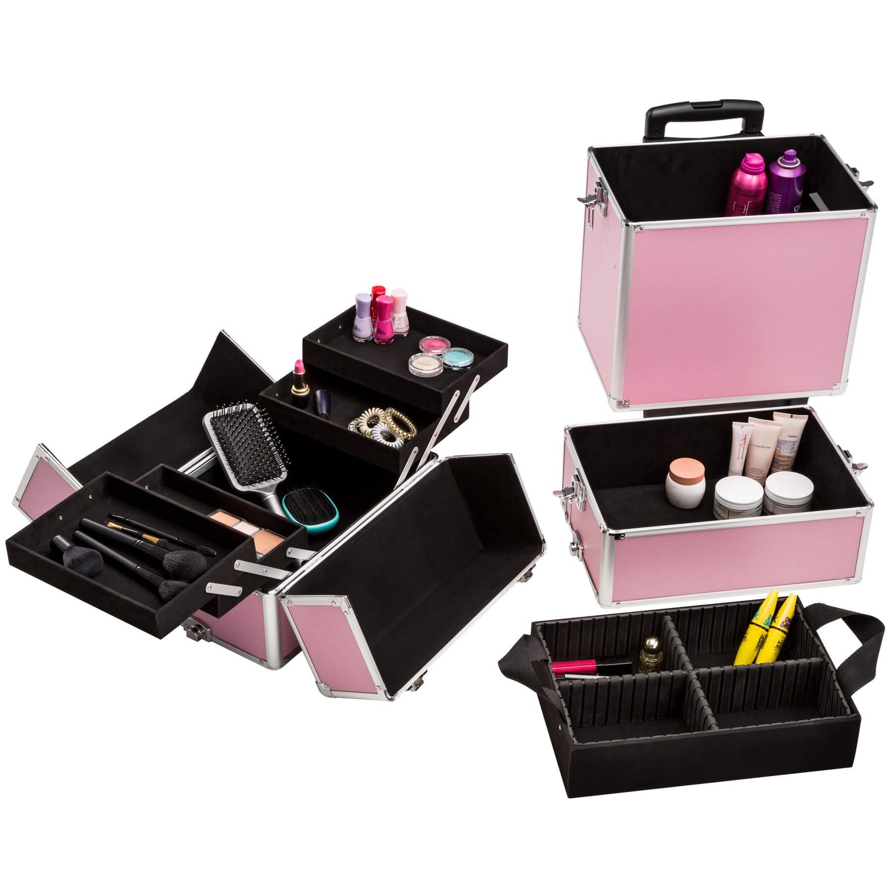 pink 2 Rollen, Etagen, erweiterbar tectake Kosmetiktrolley 3 Koffer mit