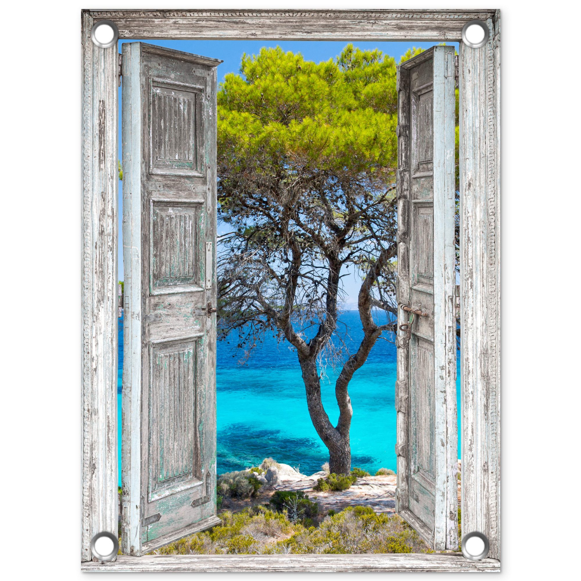 OnlyWow Poster für Garten Baum - Tropisch - Meer - Blick - Strand, Gartenposter, Outdoor Bilder, Gartendeko für draußen, 30x40 cm