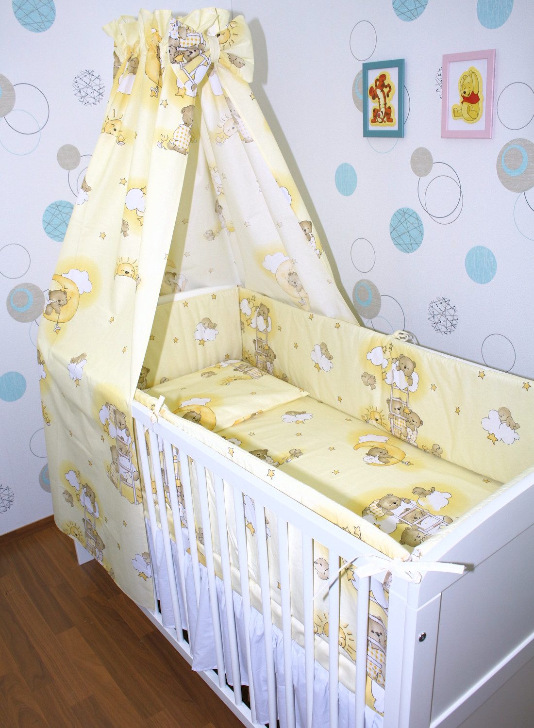 Babybettwäsche Baby Bettset- 6 teiliges mit 420 Nestchen Vollstoff Himmel Bettwäsche