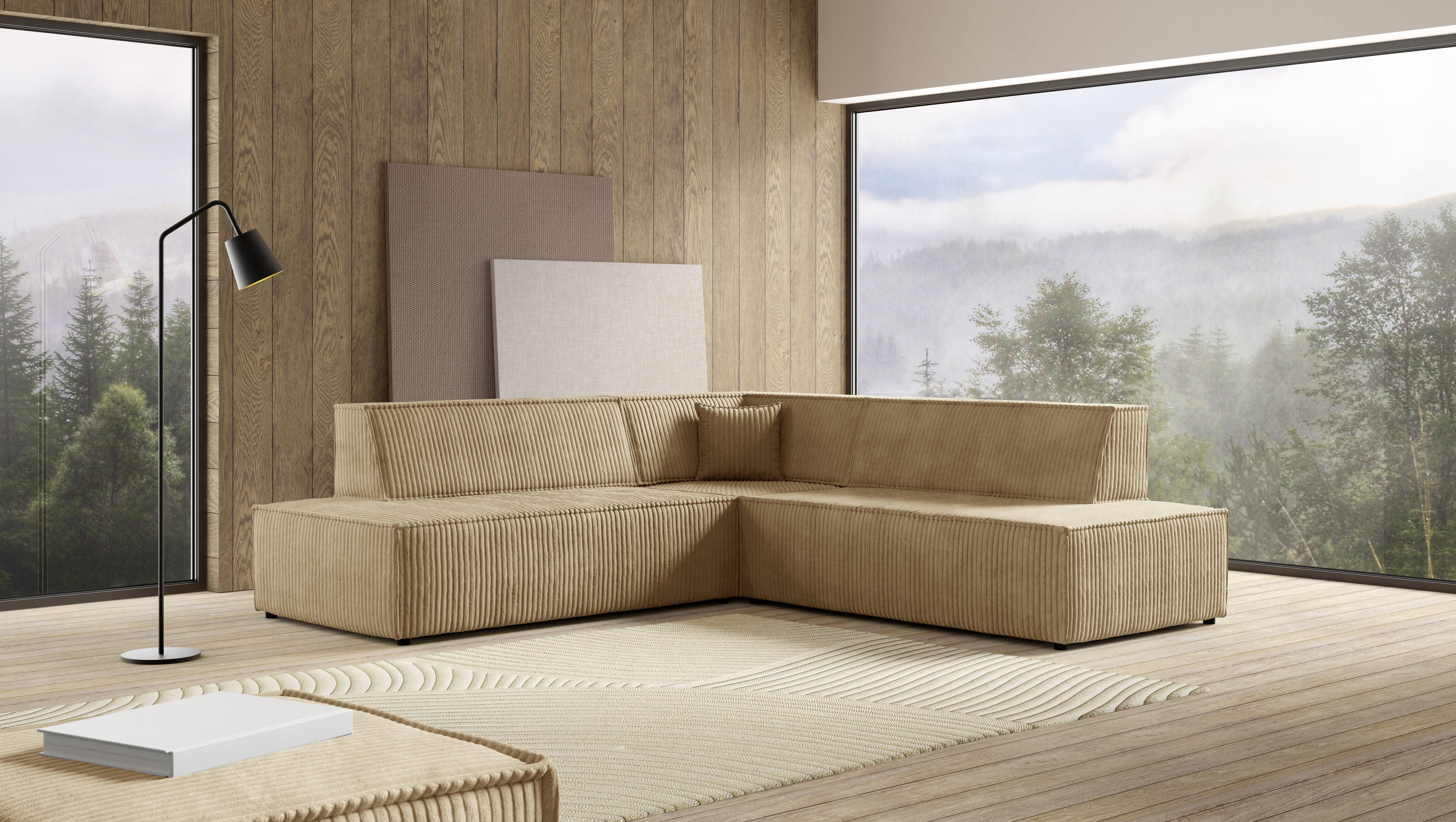 yourhouse24 Ecksofa Tilia II, Cord-Stoff mit Keder, inkl. Schlaffunktion & Bettkasten