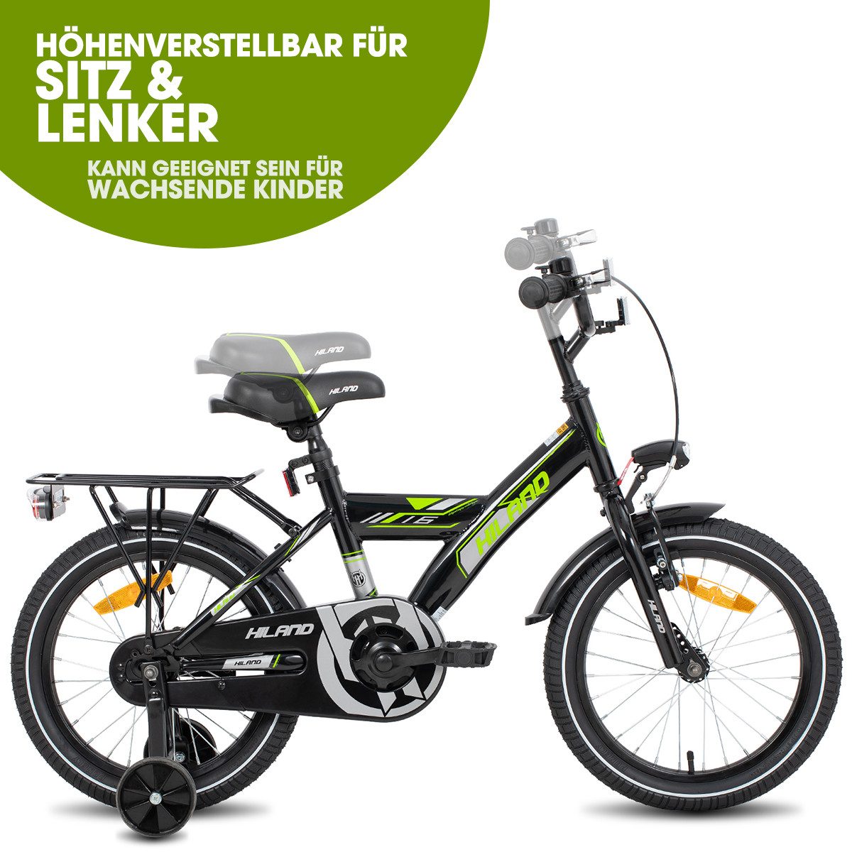 HILAND Sentry 16/18 inch children's bicycle for boys and children from 4, 5, 6 years old, 1 speed, with rear seat/luggage rack, training wheels, and handbrake