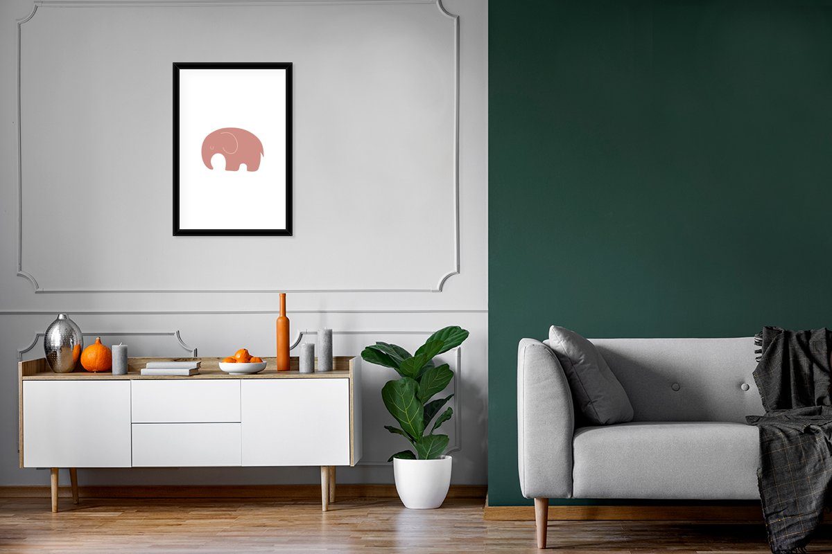 Elefant Poster Bilderrahmen Kunstdruck, (1 - Rosa - Schwarzem Gerahmtes Rahmen, Poster, Mädchen, St), MuchoWow - mit Tiere