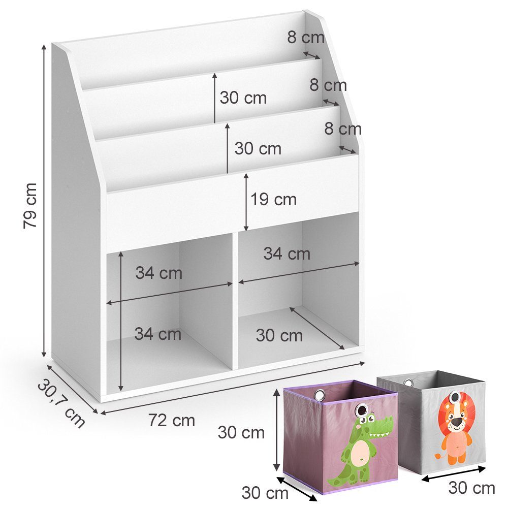 Kinderregal Violett) Spielzeugablage Bücherregal Weiß LUIGI – Vicco (matt) (Grau, Weiß + Faltboxen