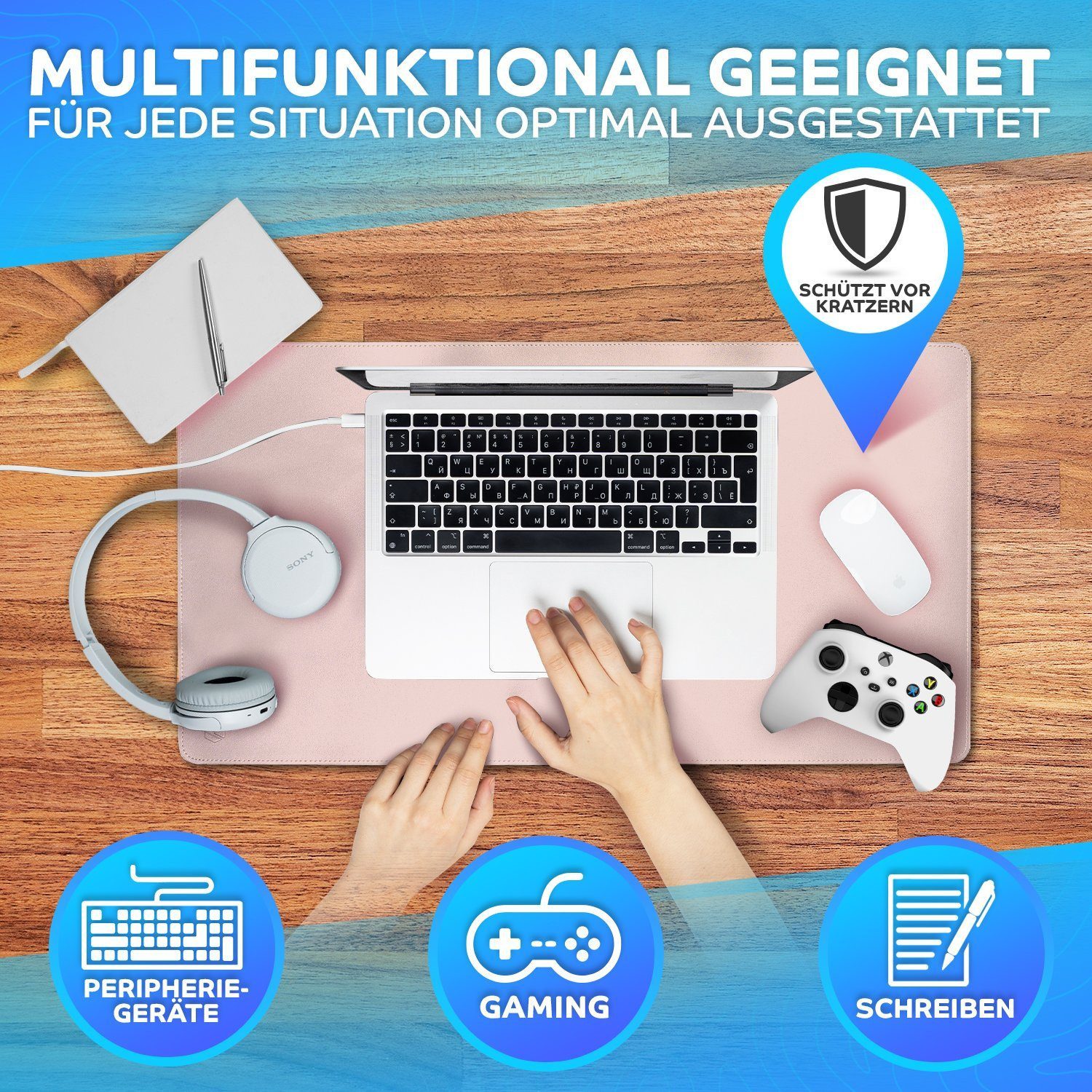 MAXLVL Gaming Mauspad Schreibtischunterlage - Mauspad mit Vernähte Kanten - abwaschbar (60x35 cm, Schreibtisch Unterlage für Büro), Tischunterlage Schreibtisch aus PU-Leder