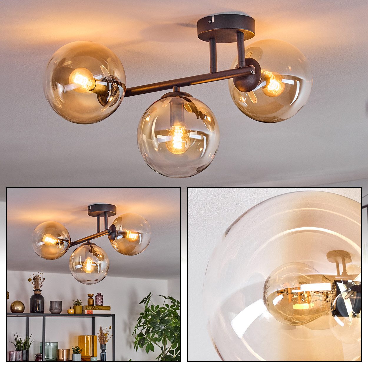 hofstein Deckenleuchte Deckenlampe aus Metall/Glas in Schwarz/Bernsteinfarben/Klar, Deckenleuchte im Retro/Vintage-Design (Schirme Ø 15 cm), 3 x E14
