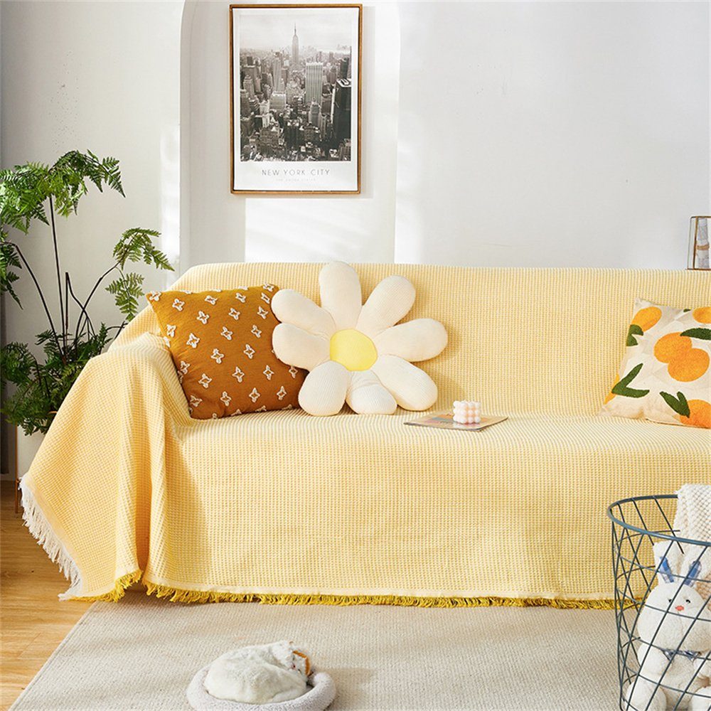 Sofahusse Sofadecke Dekorative Sofa Bezug HAMÖWO Quaste 130 mit Gelb x 180 Sofaüberwürfe cm